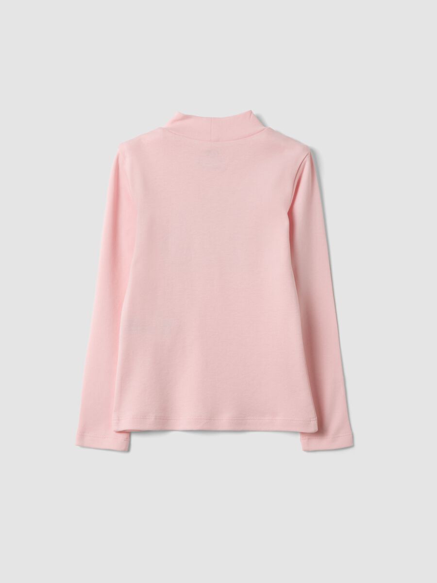 T-shirt rosa in puro cotone organico con collo rialzato e stampa animaletti_1