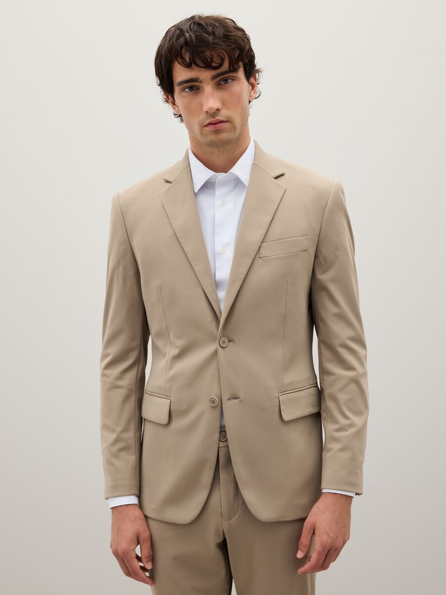 Beige Stretch Fabric Slim Fit Blazer_1