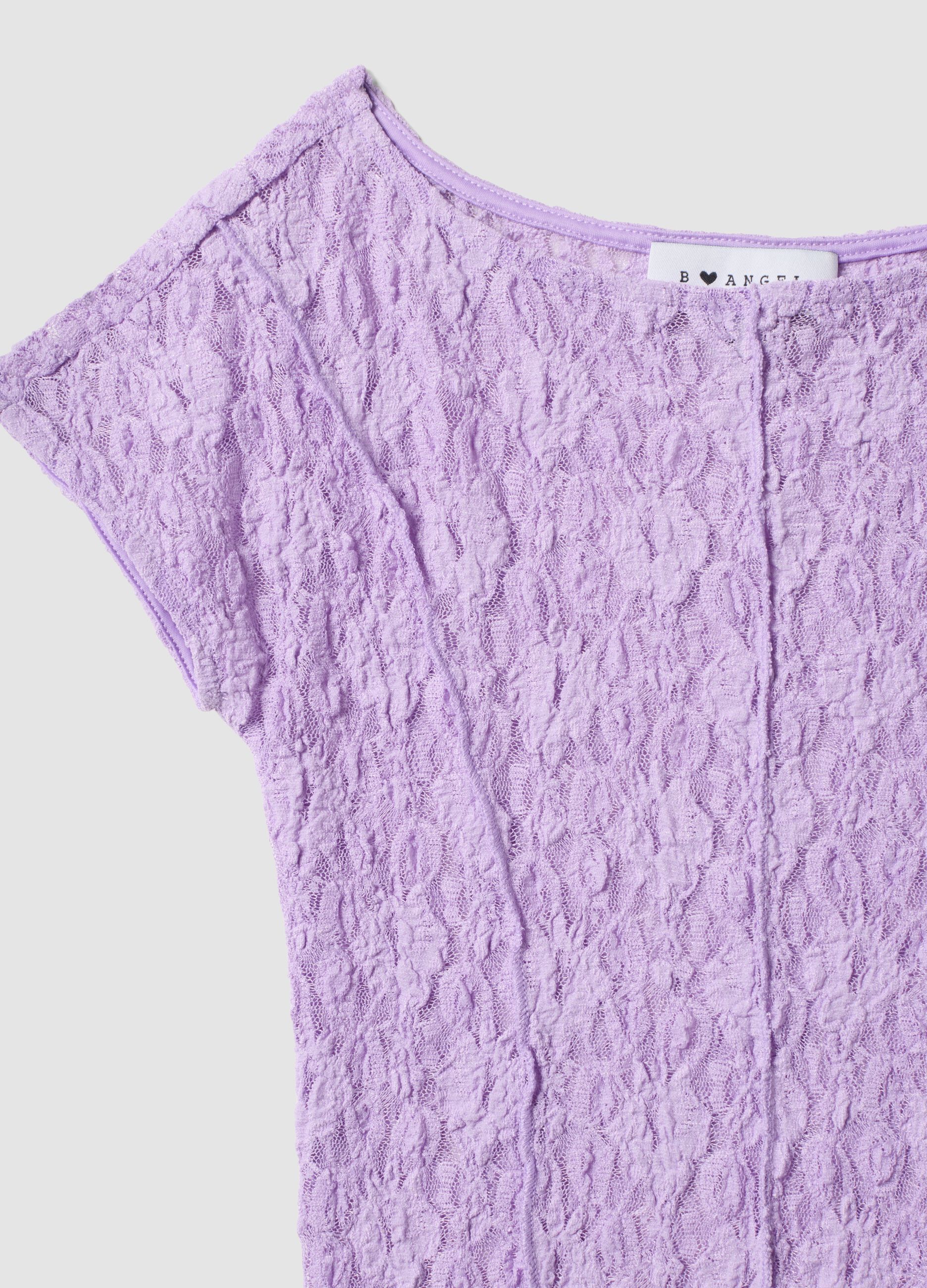 Purple stretch T-shirt with embossed floral texture