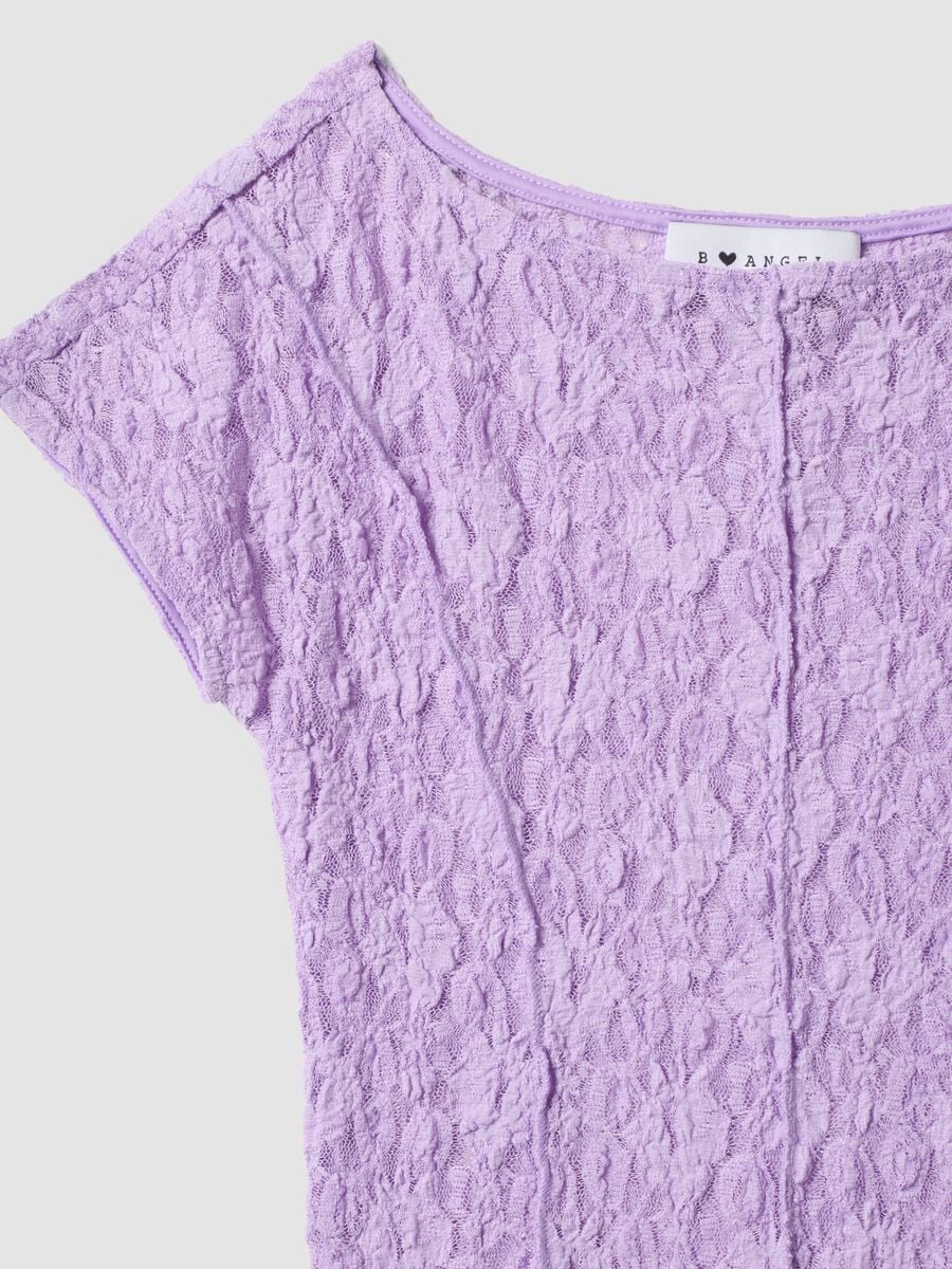 T-shirt viola in tessuto elasticizzato con texture floreale in rilievo_6