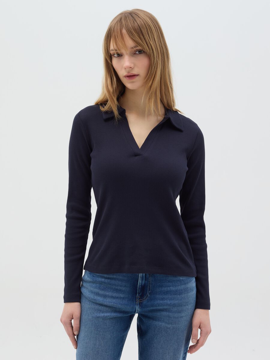 Ribbed T-shirt with polo shirt neck_0