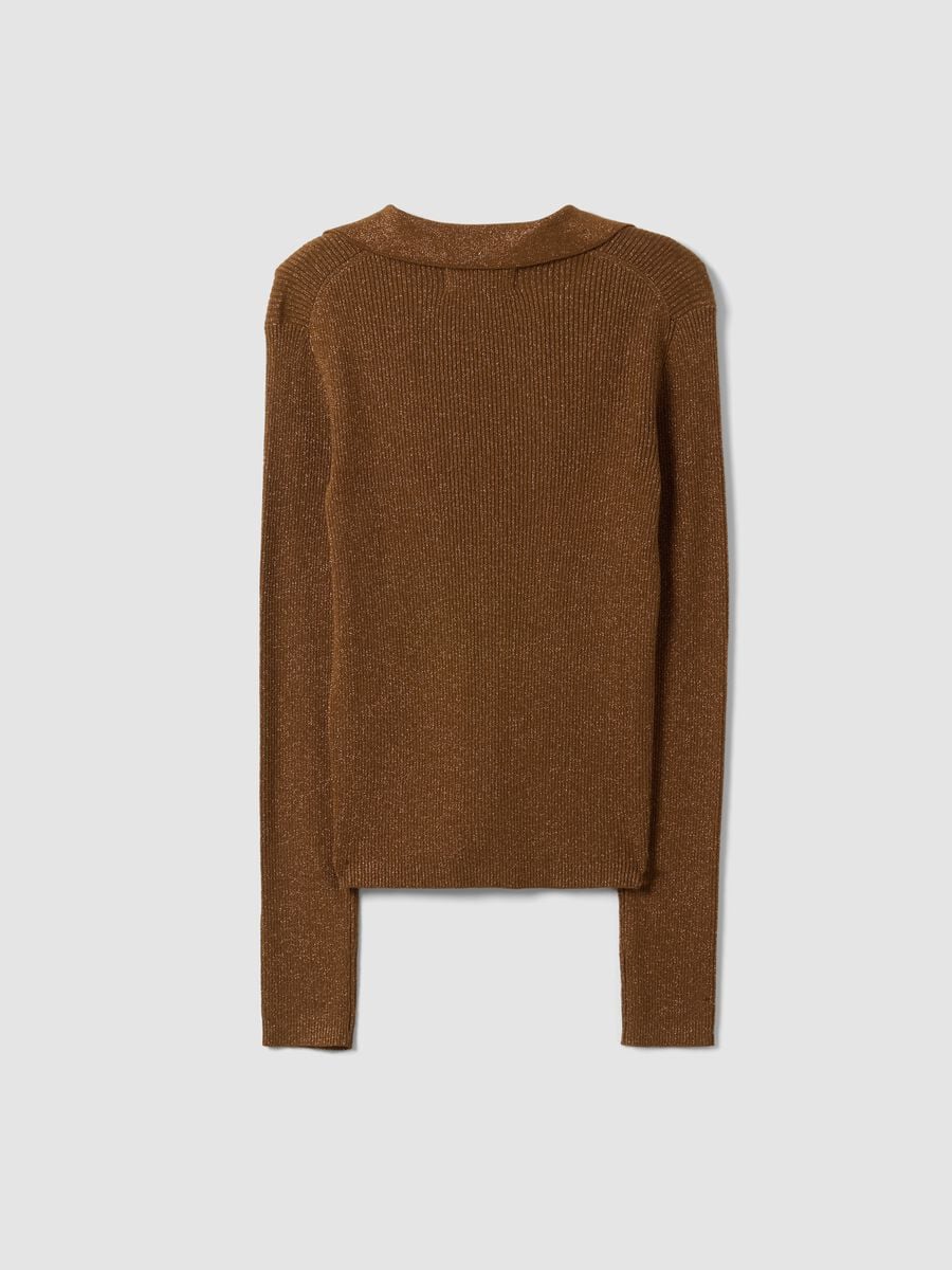 Maglia marrone in misto viscosa a costine con collo polo_6