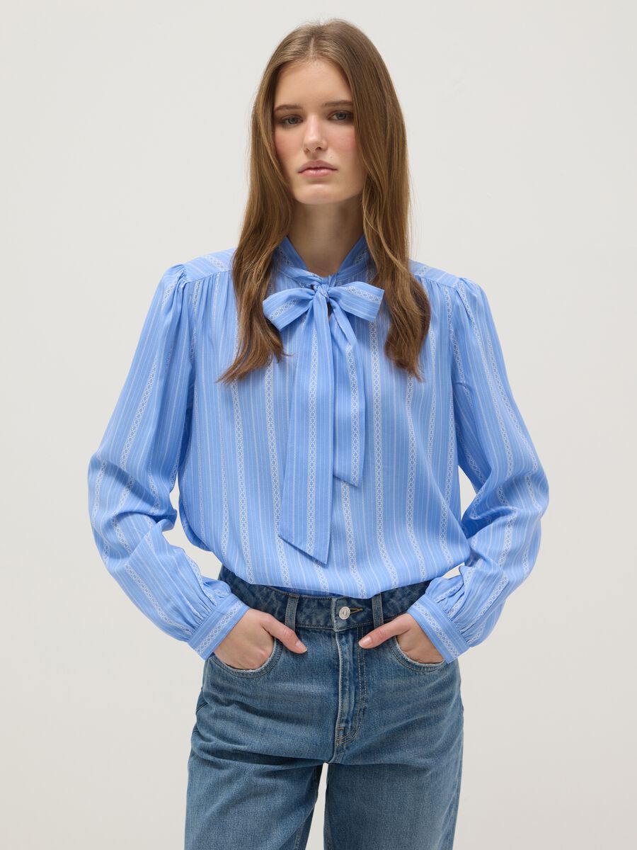 Light blue pure viscose shirt with bow and striped pattern_0