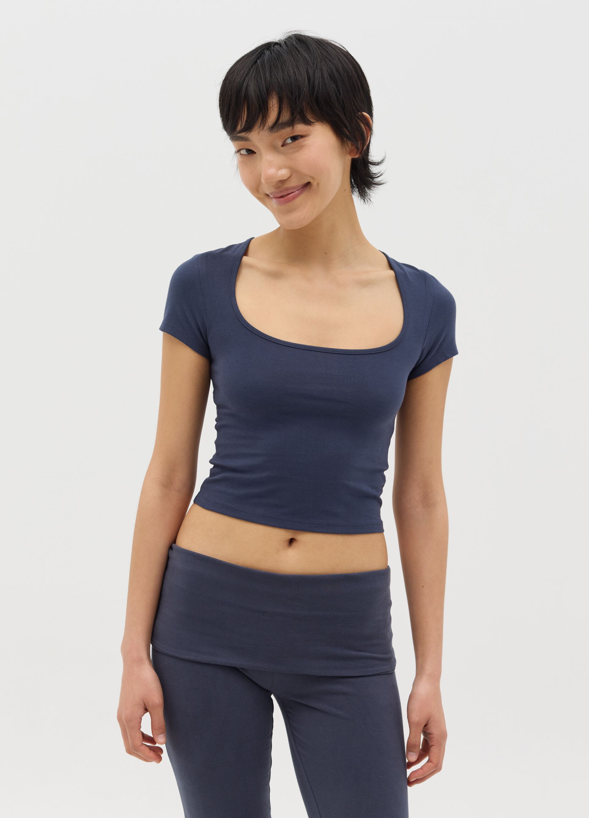 Blue T-shirt with square neckline