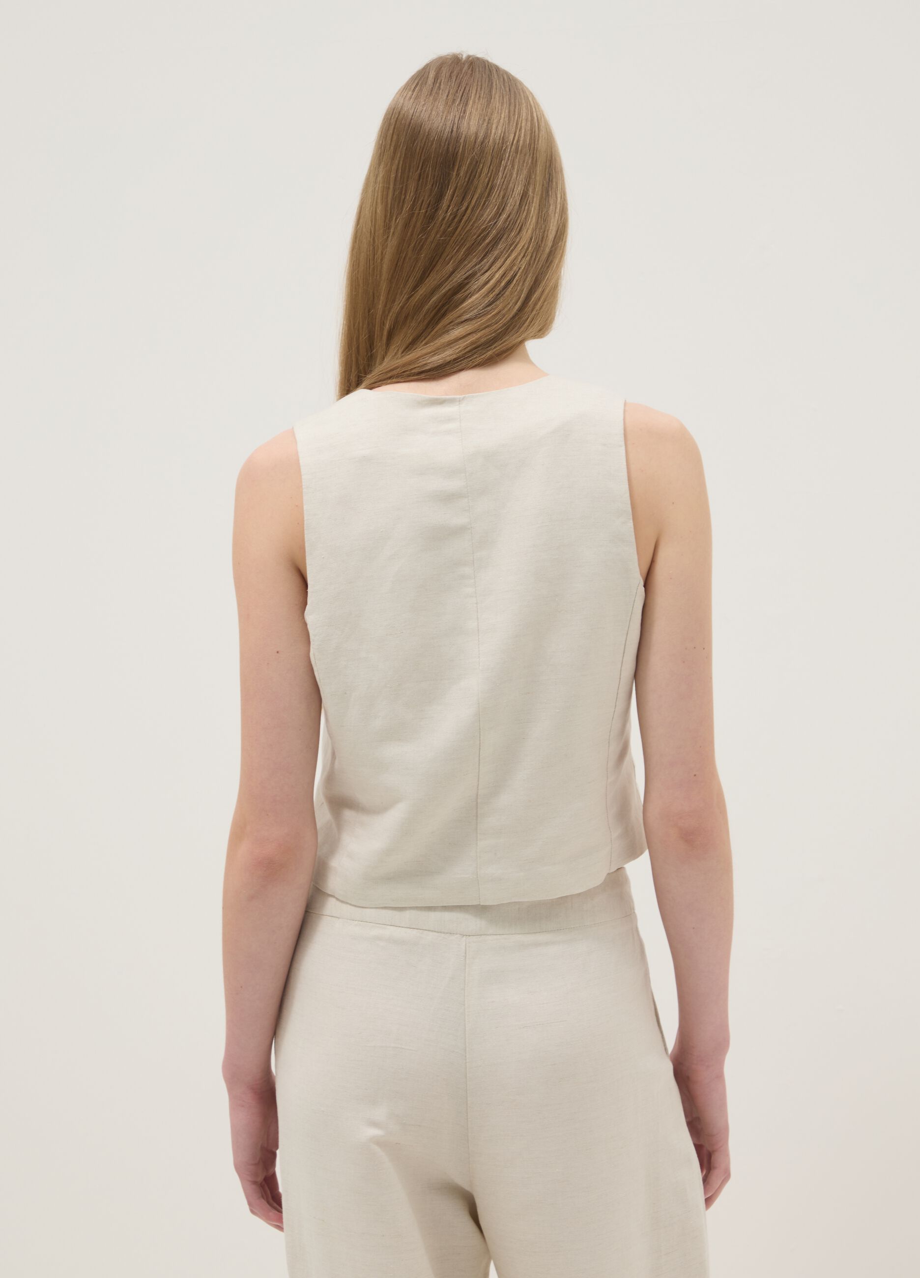Beige linen-blend slim-fit waistcoat with buttons