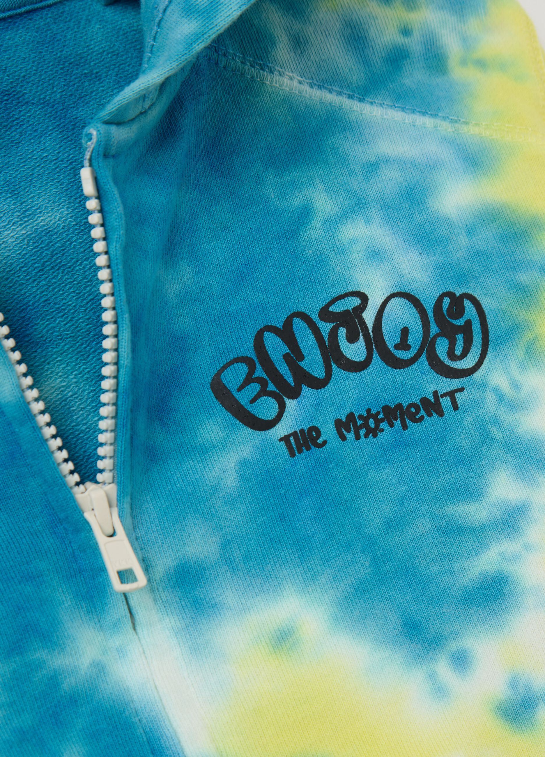 Blue and yellow full-zip sweatshirt with tie dye pattern, hood and print
