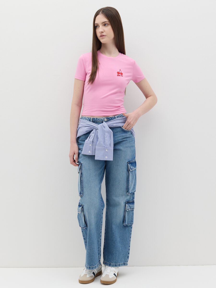 Stretch cotton T-shirt with embroidery_1