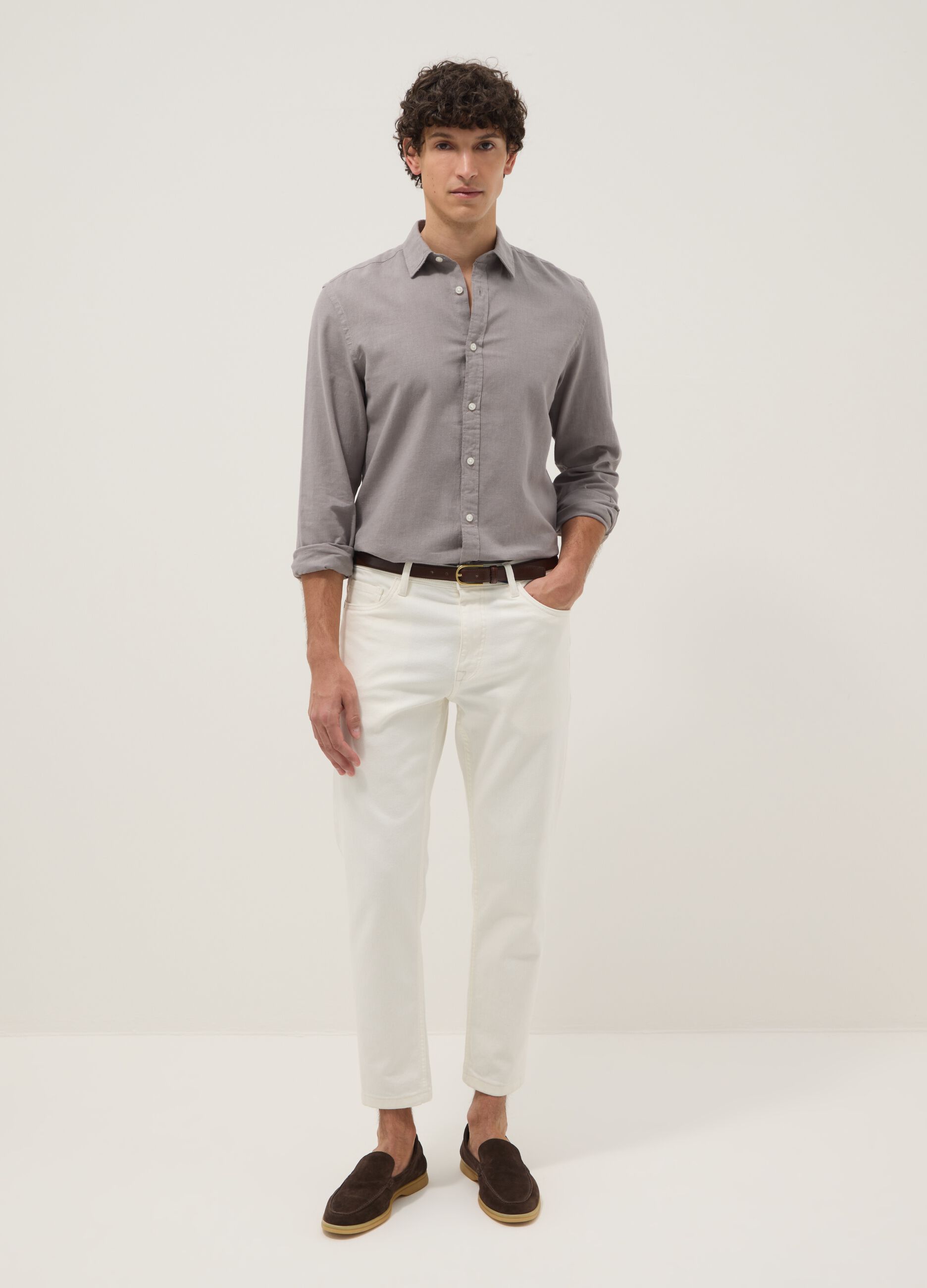 Grey linen-cotton blend shirt with regular fit