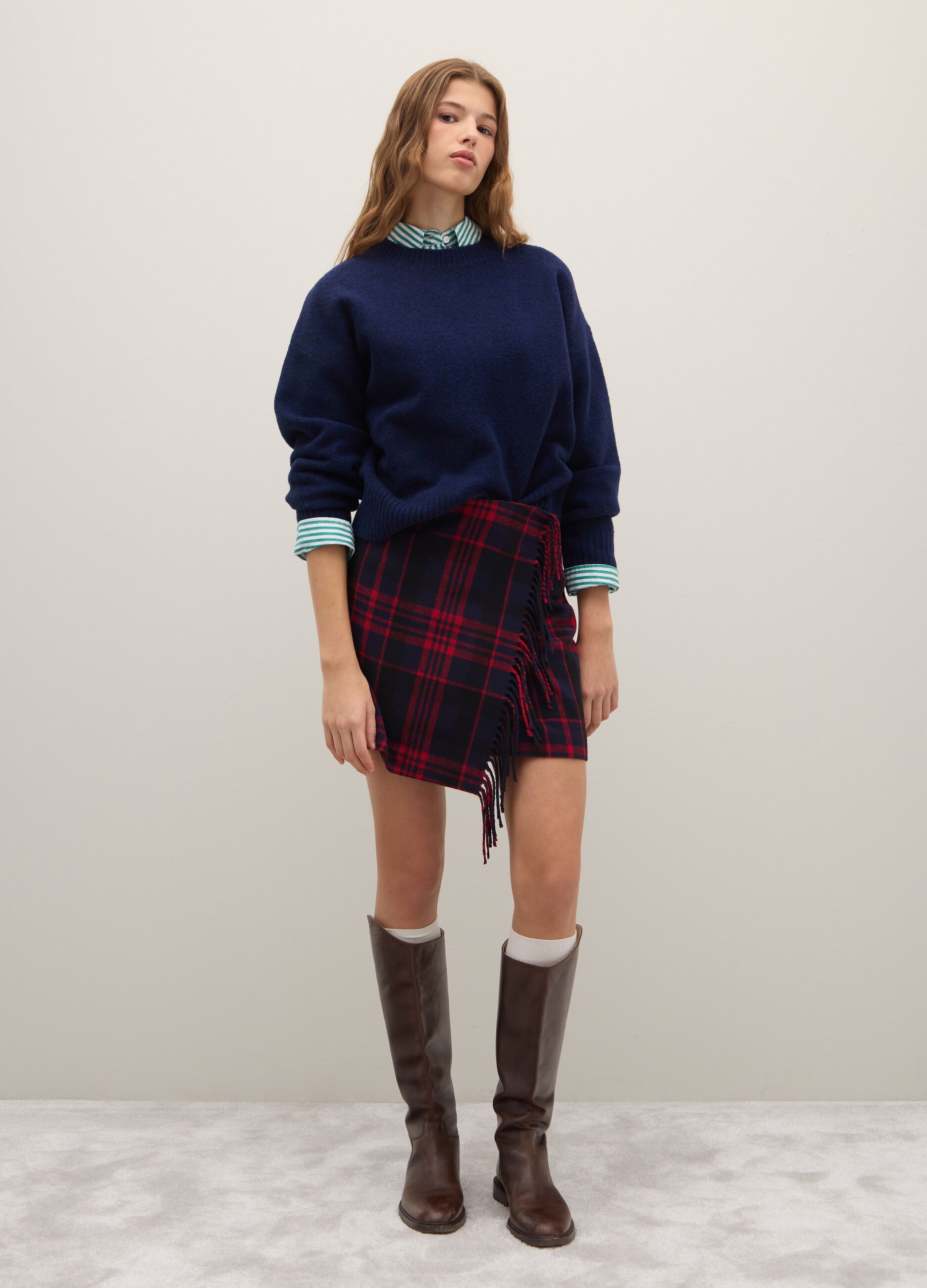Multicolour checked skirt with fringes