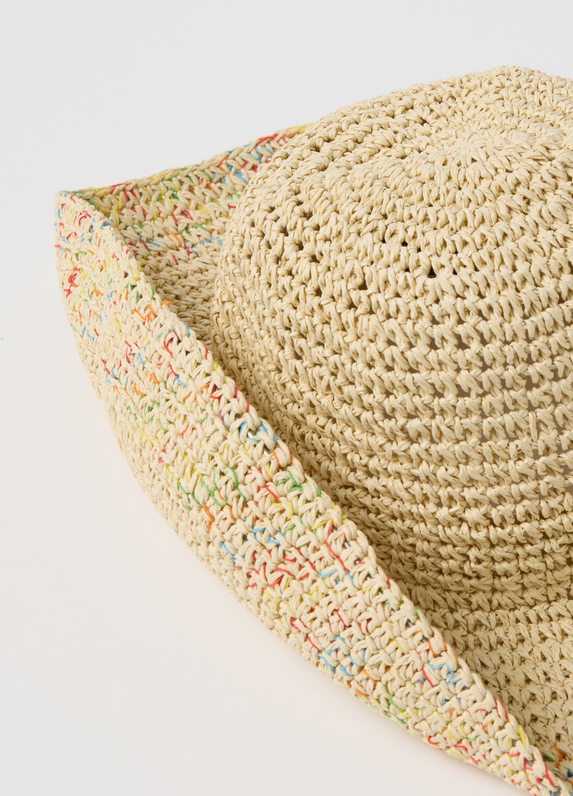 Cappello in rafia con inserti multicolore beige