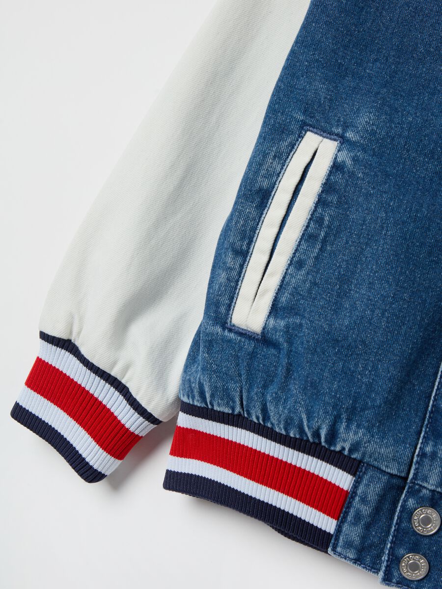 “Team Miami” bouclé denim varsity bomber jacket_3