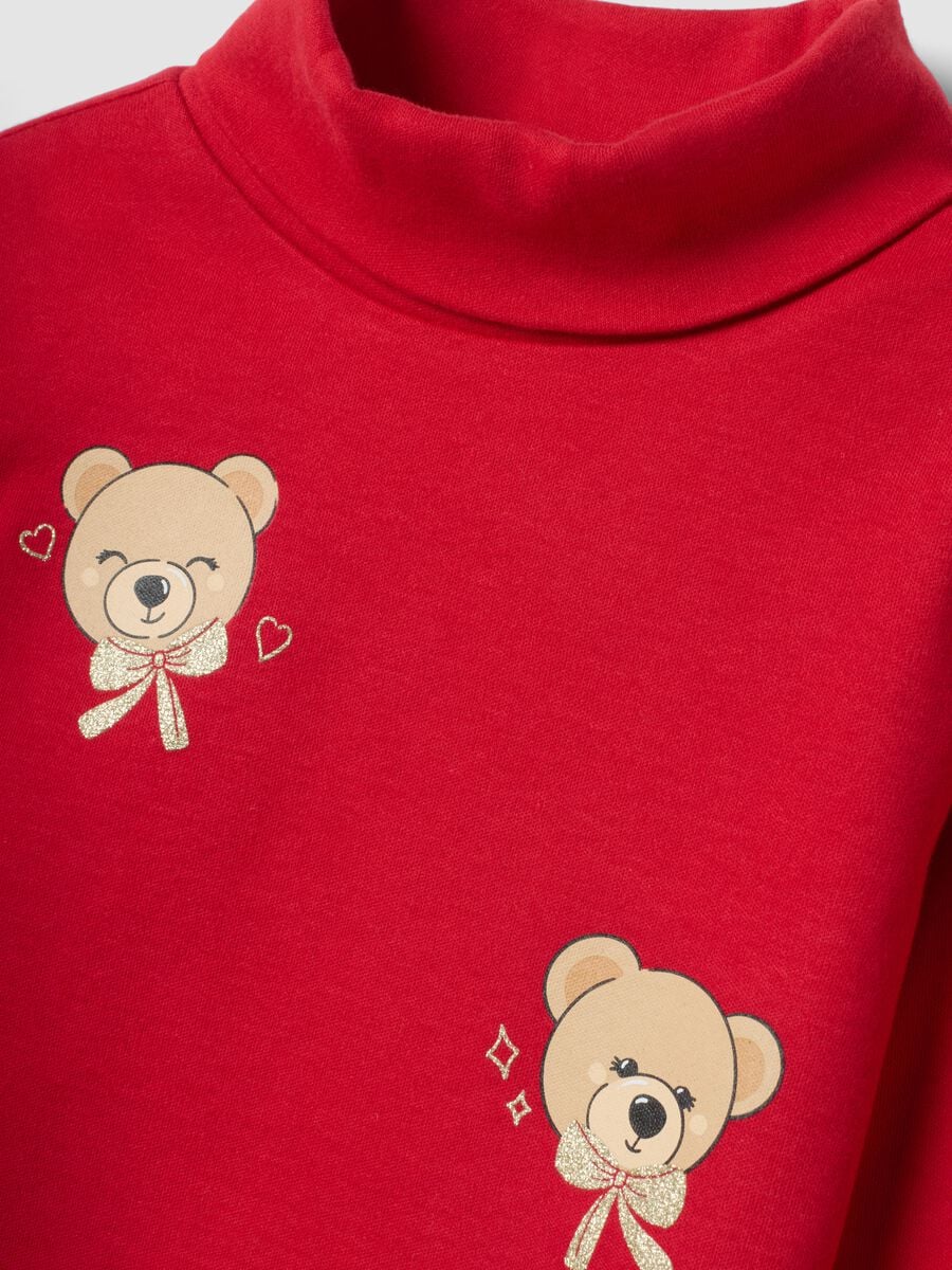 T-shirt rossa in puro cotone dolcevita con stampa orsetti_2