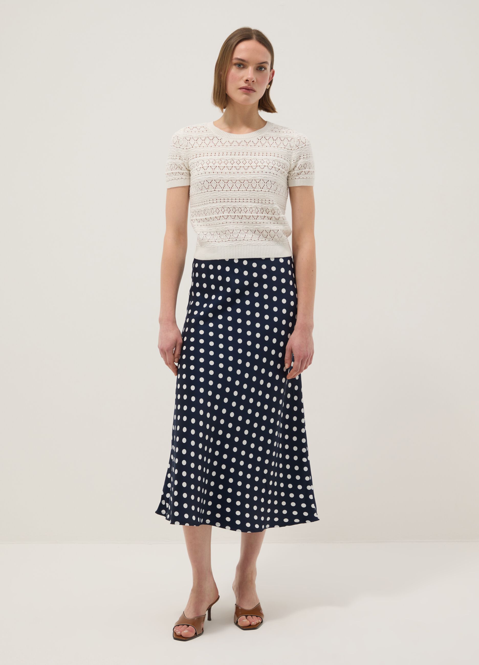 Long pure cotton skirt with multicoloured polka dots, regular fit