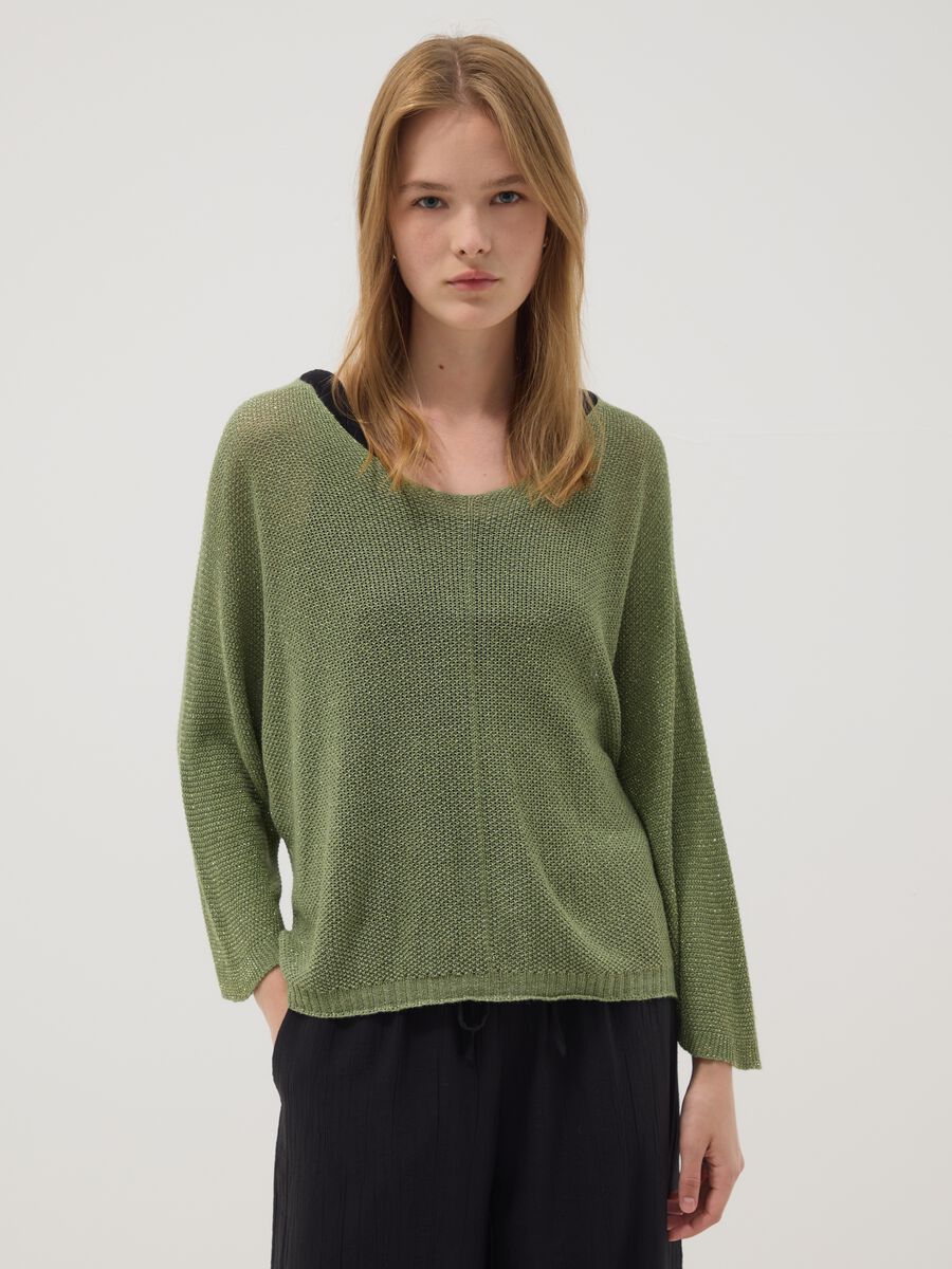 Maglia verde in misto viscosa e lino con scollo a V_1