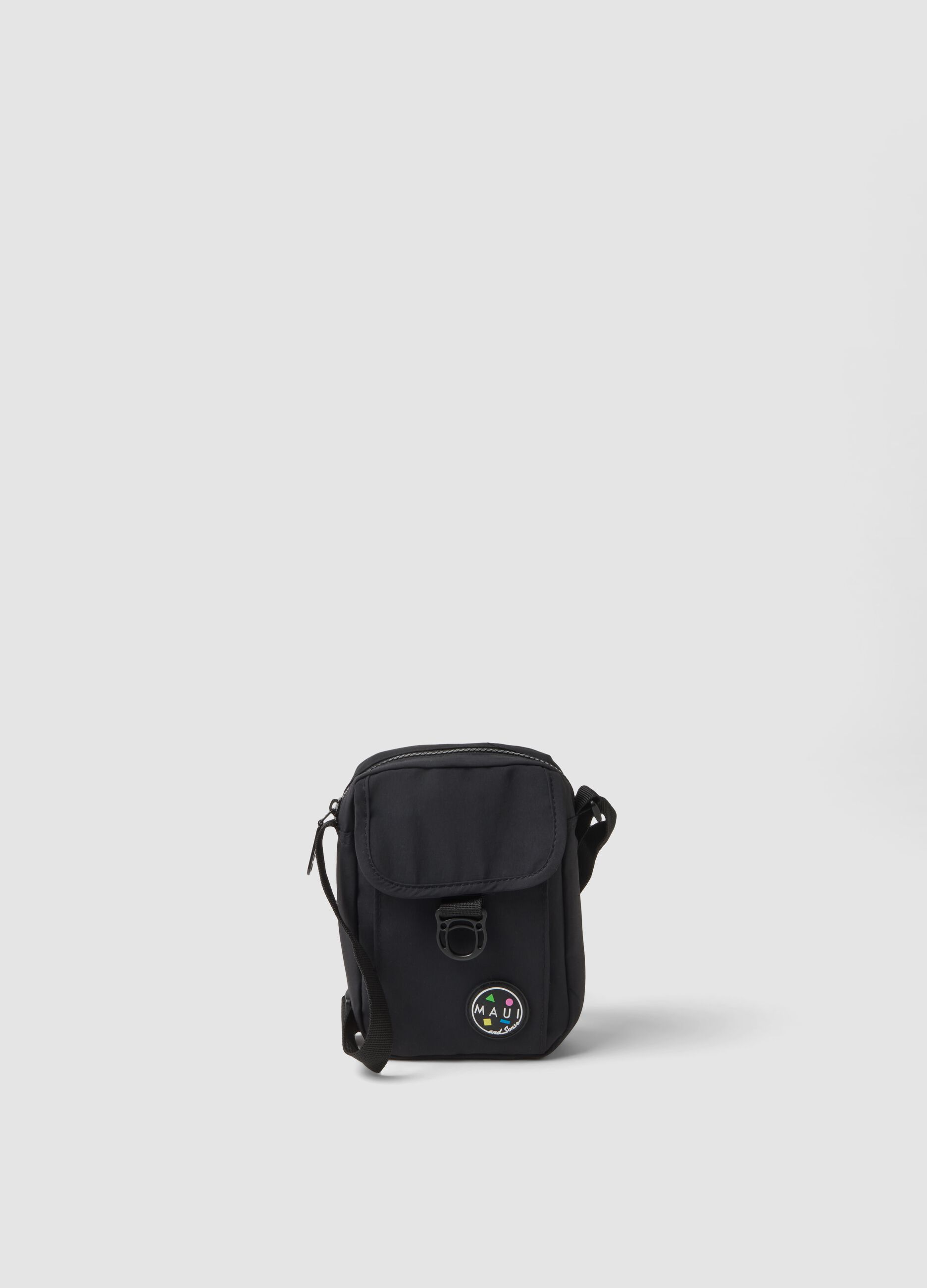 Black crossbody bag with zip closure and adjustable strap