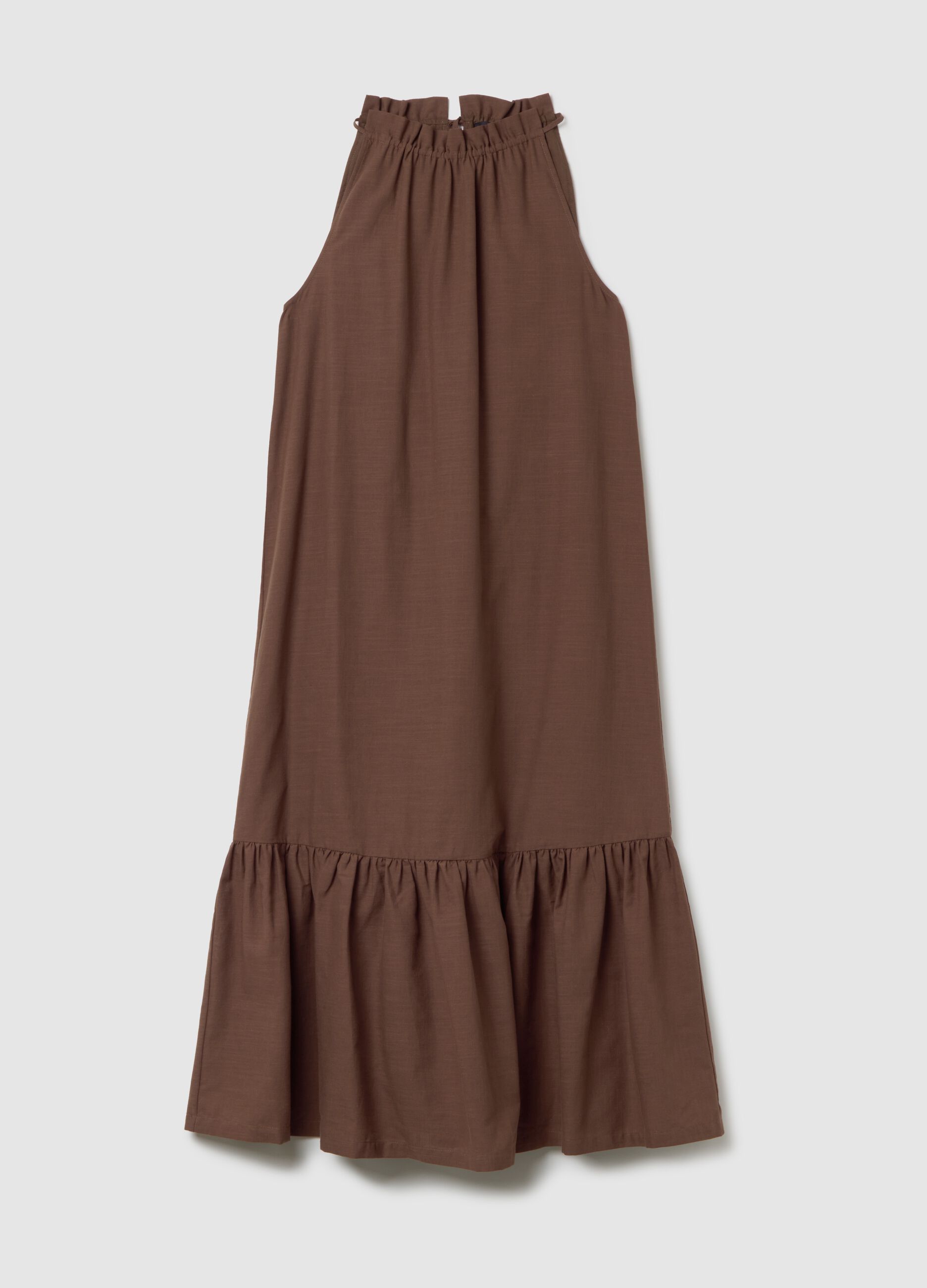 Women's long brown pure cotton oversized dress with ruffles