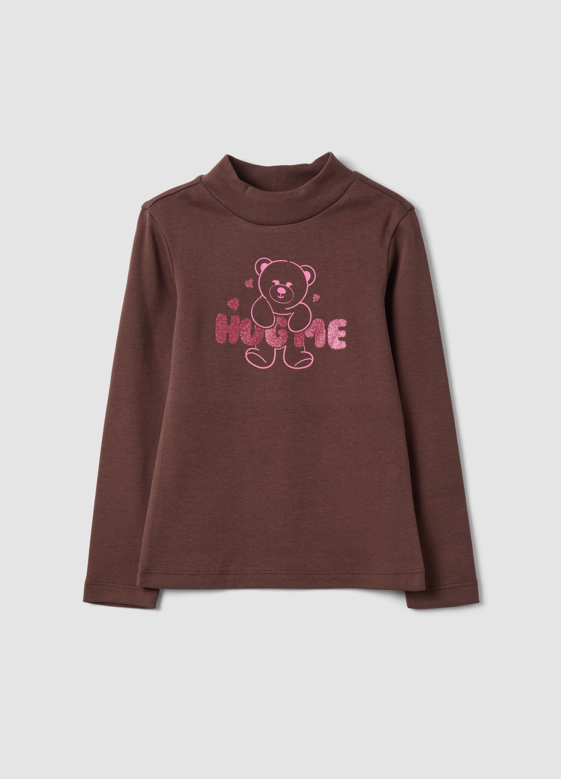 Brown organic cotton T-shirt with high neck