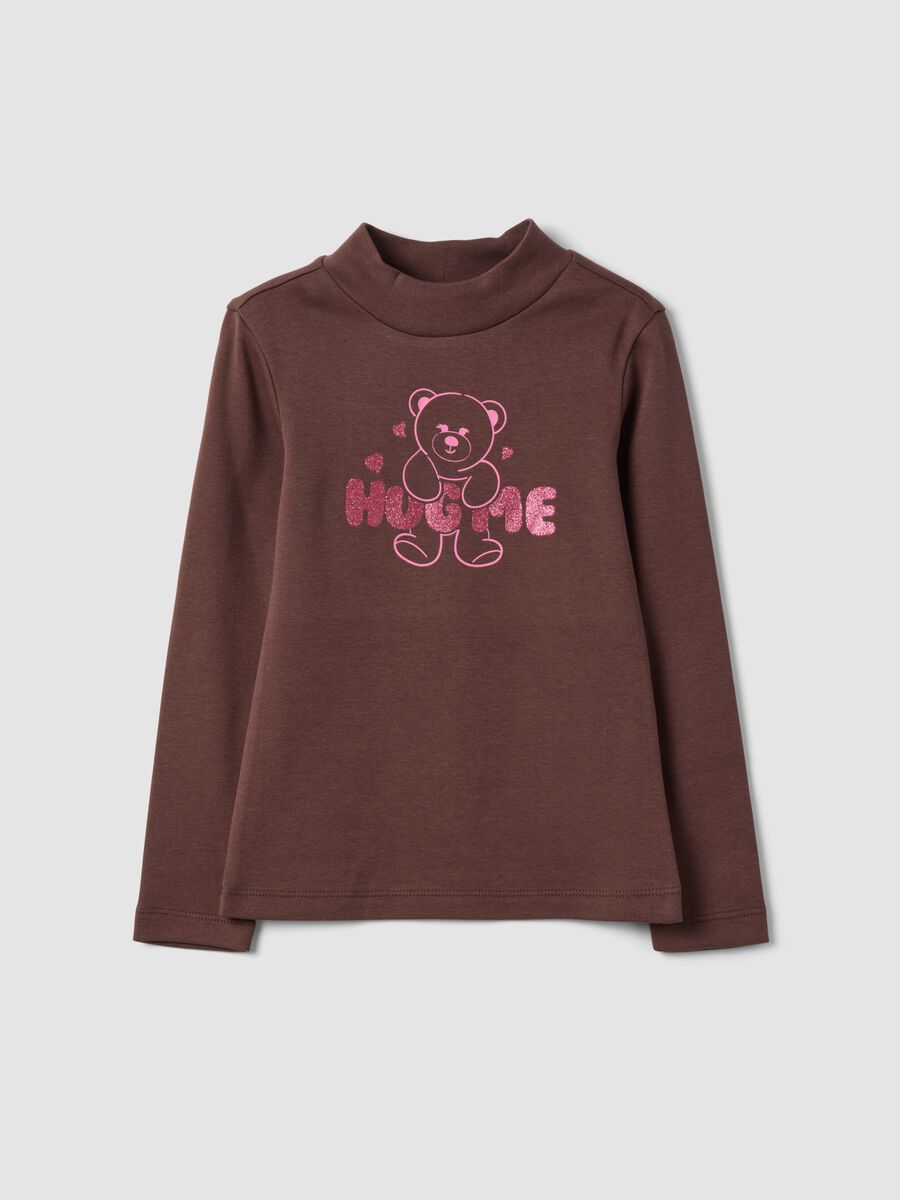 T-shirt marrone in puro cotone organico con collo rialzato_0