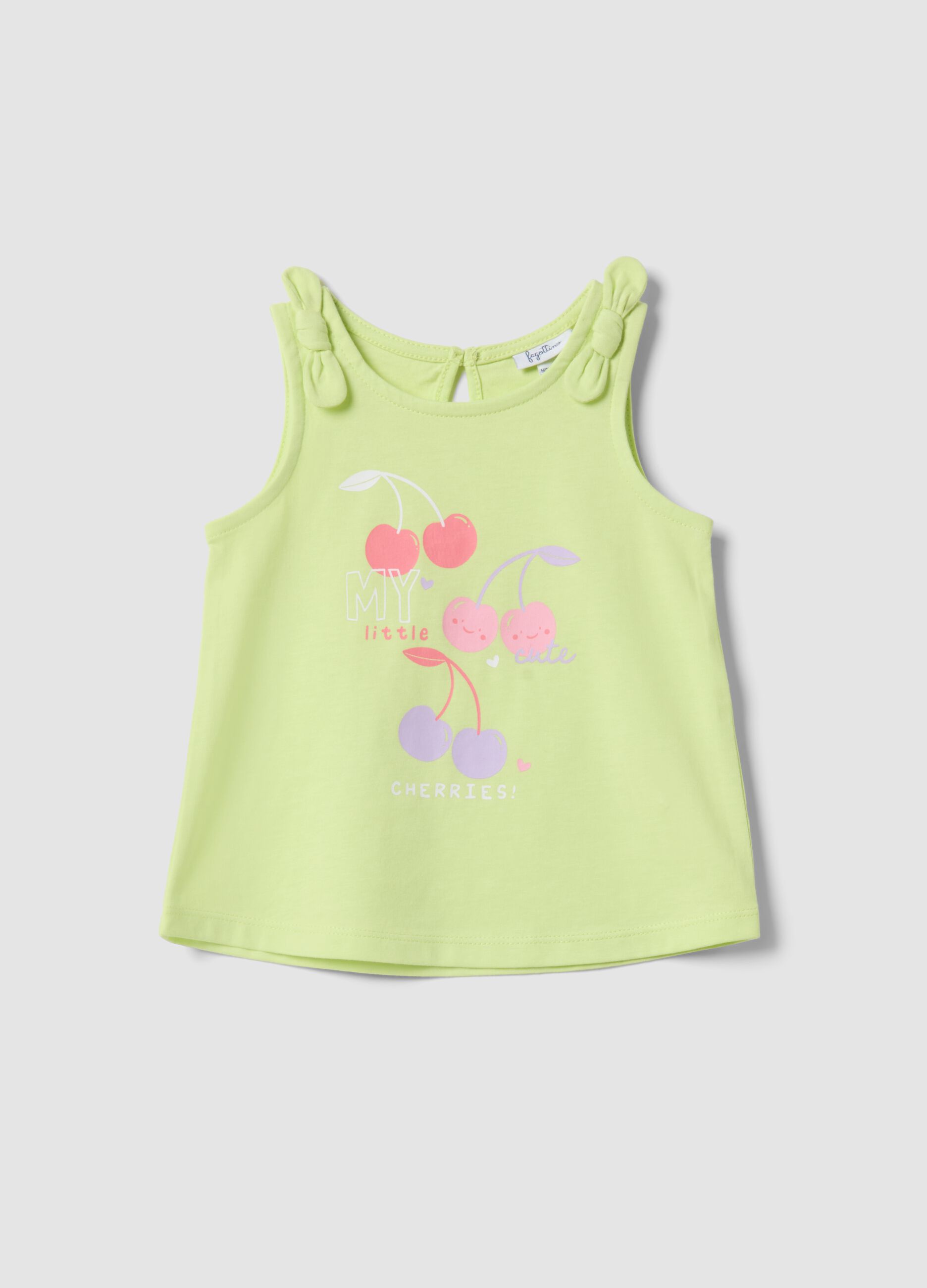 Girls' Regular Fit Green Cotton Vest with Cherries