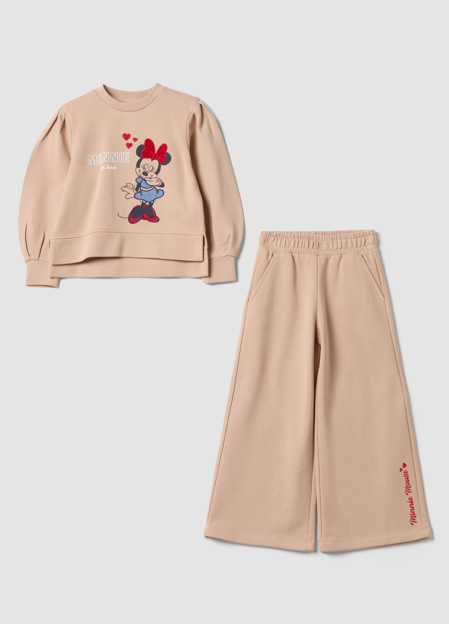 Tuta beige in misto cotone con girocollo e stampa Minnie per bambina