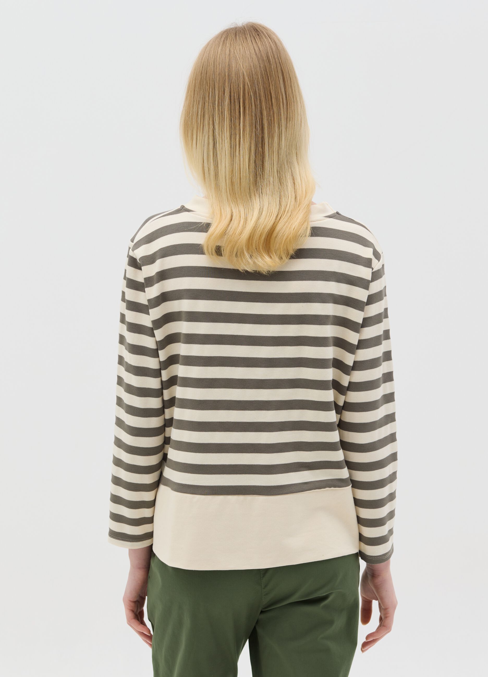 Beige and green striped top with long sleeves