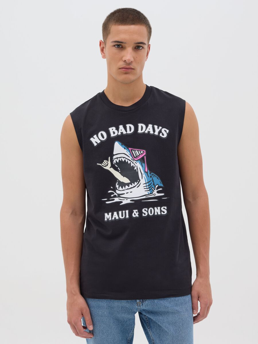 Black cotton tank top with Maui & Sons print_0