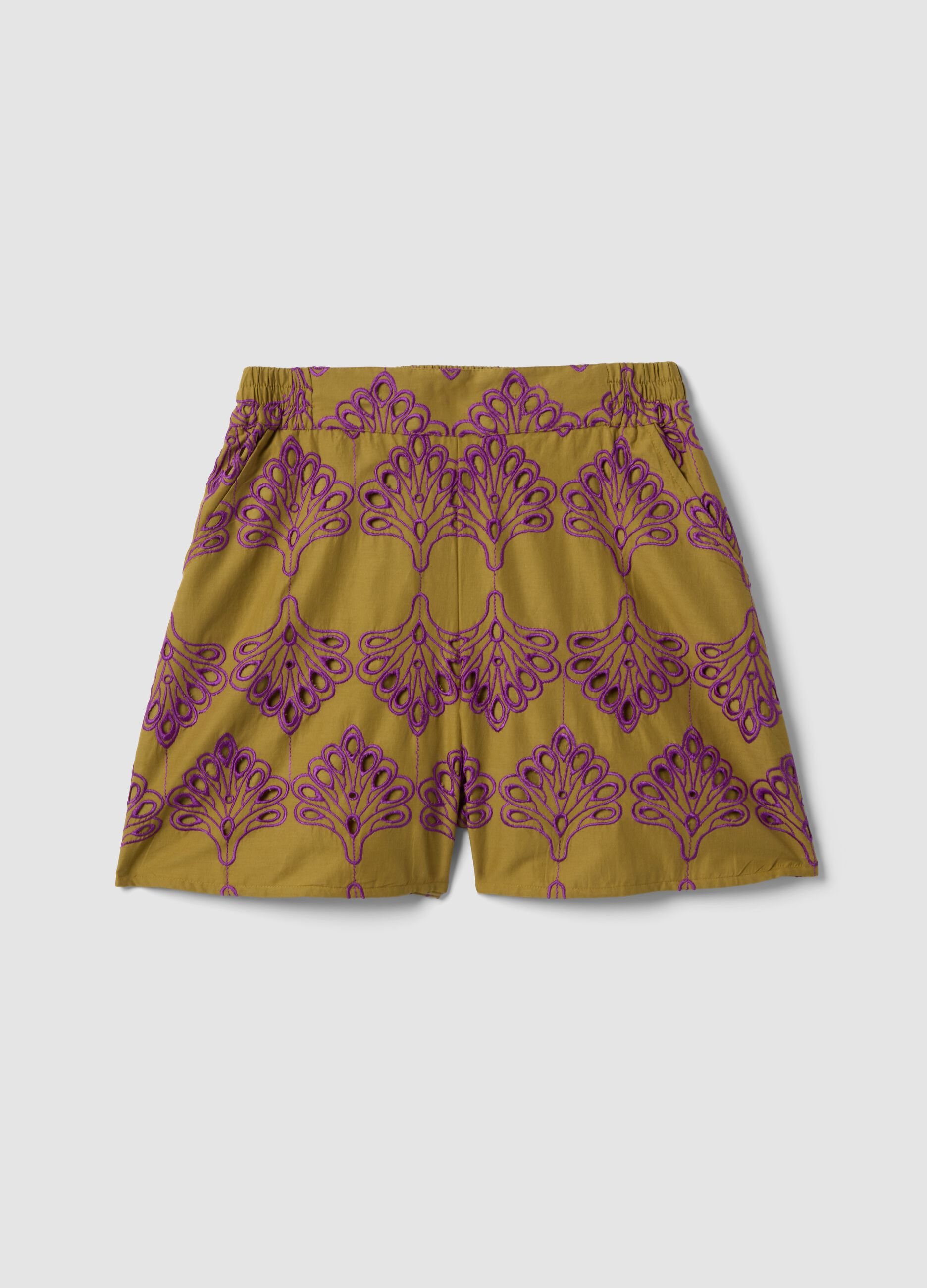 Multicolour pure cotton shorts with openwork embroidery, regular fit