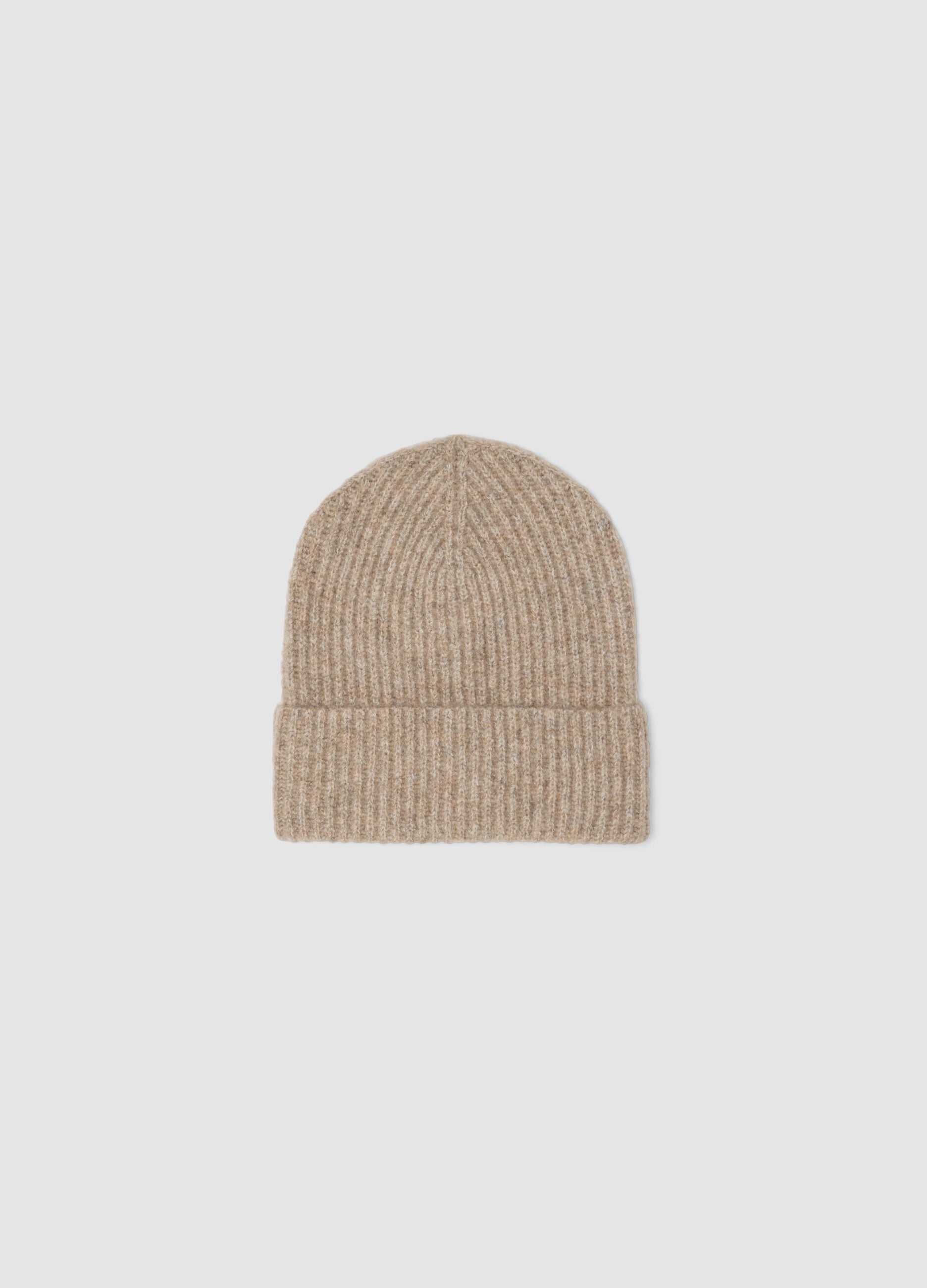 Beige ribbed stretch wool beanie