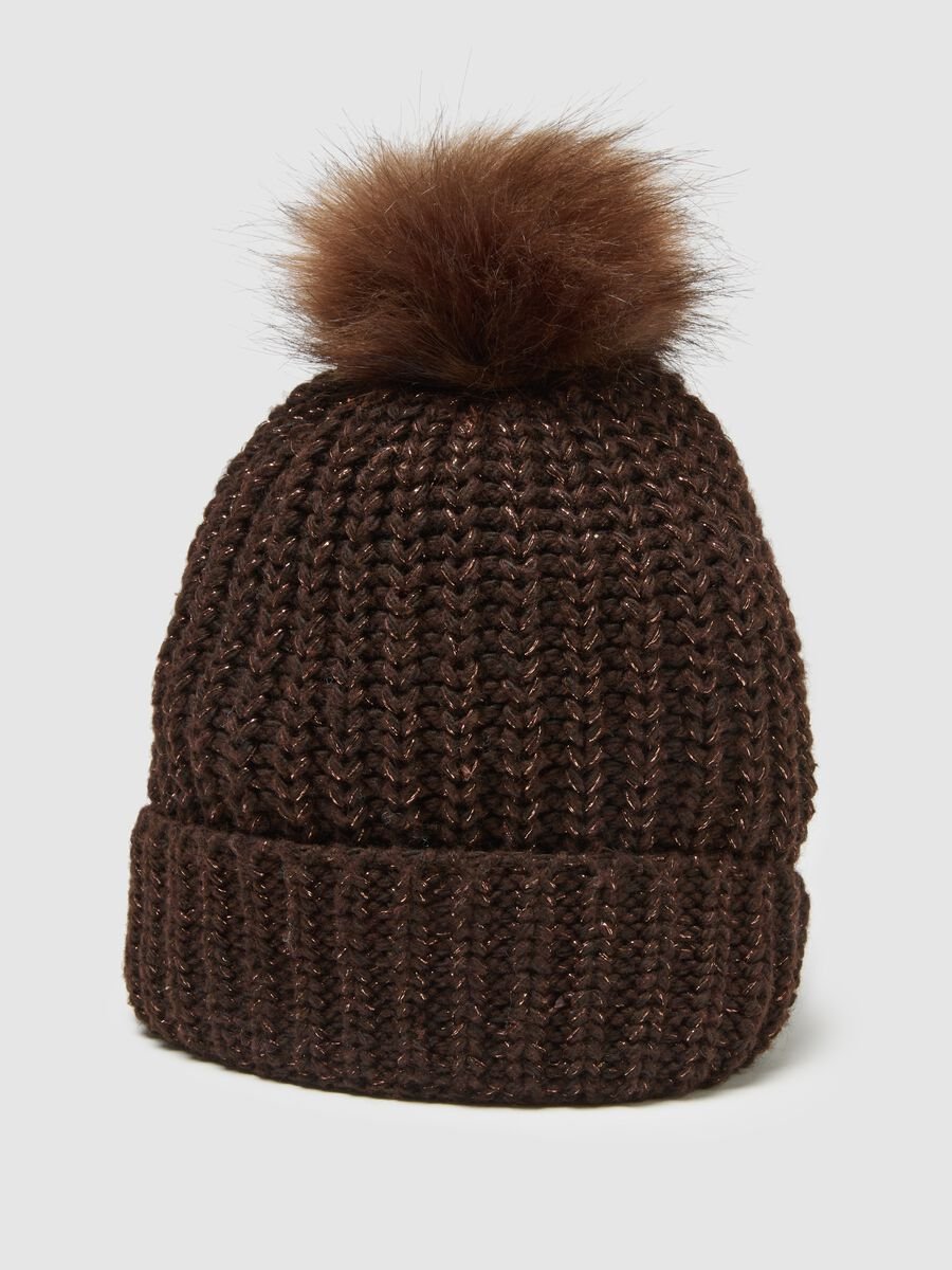 Cappello marrone con pompon in maglia jersey_2