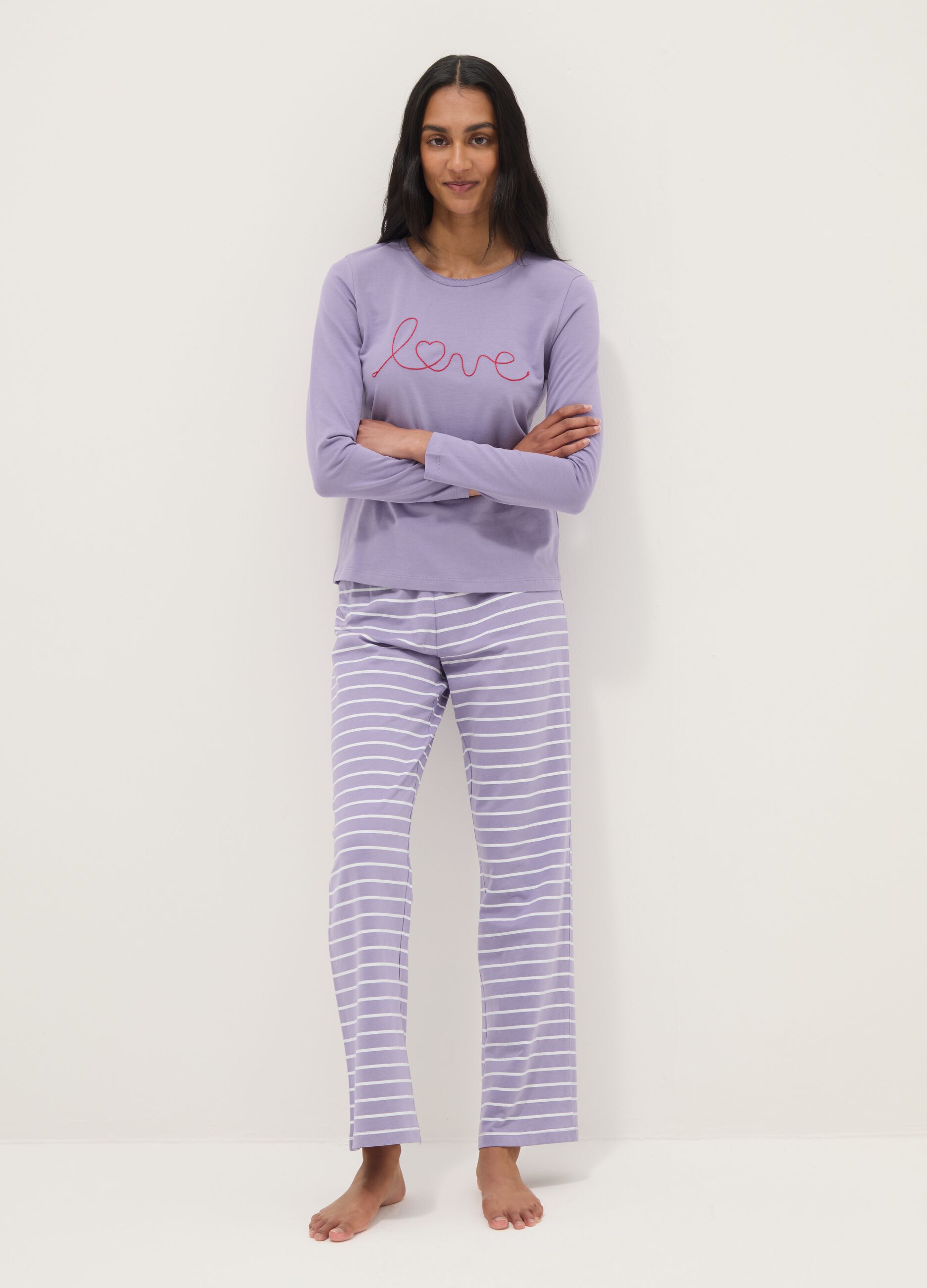 Pigiama in puro cotone viola a righe regular fit con ricamo
