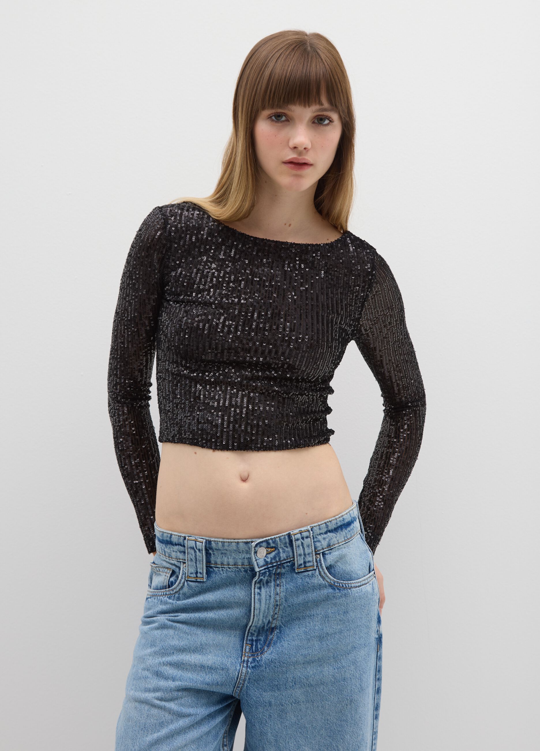 Black long-sleeve t-shirt with sequins