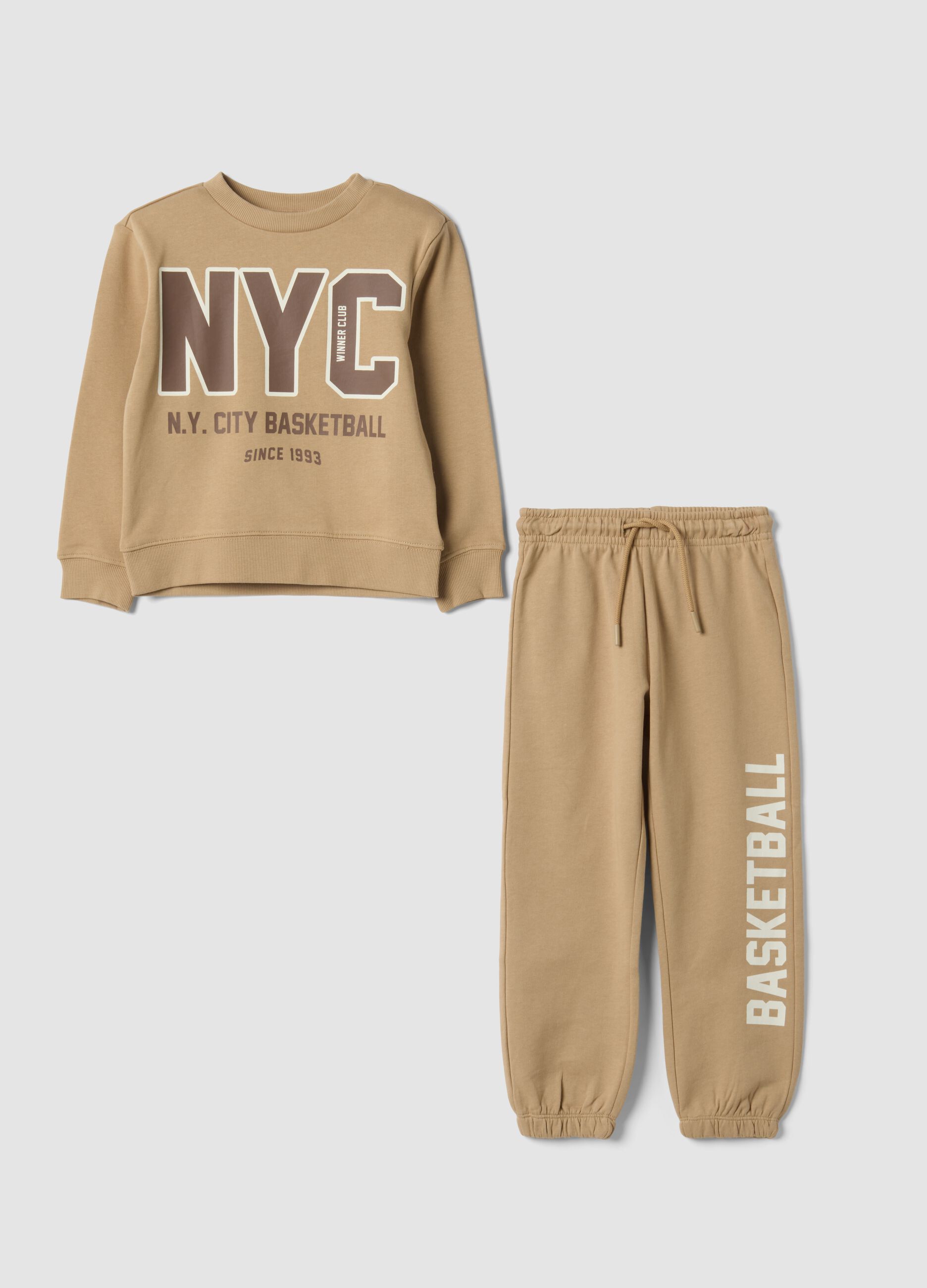 Beige pure cotton tracksuit with crew-neck sweatshirt