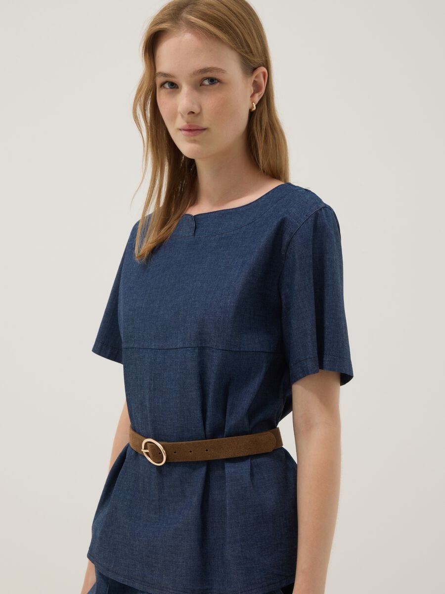 Blusa blu in cotone elasticizzato_0