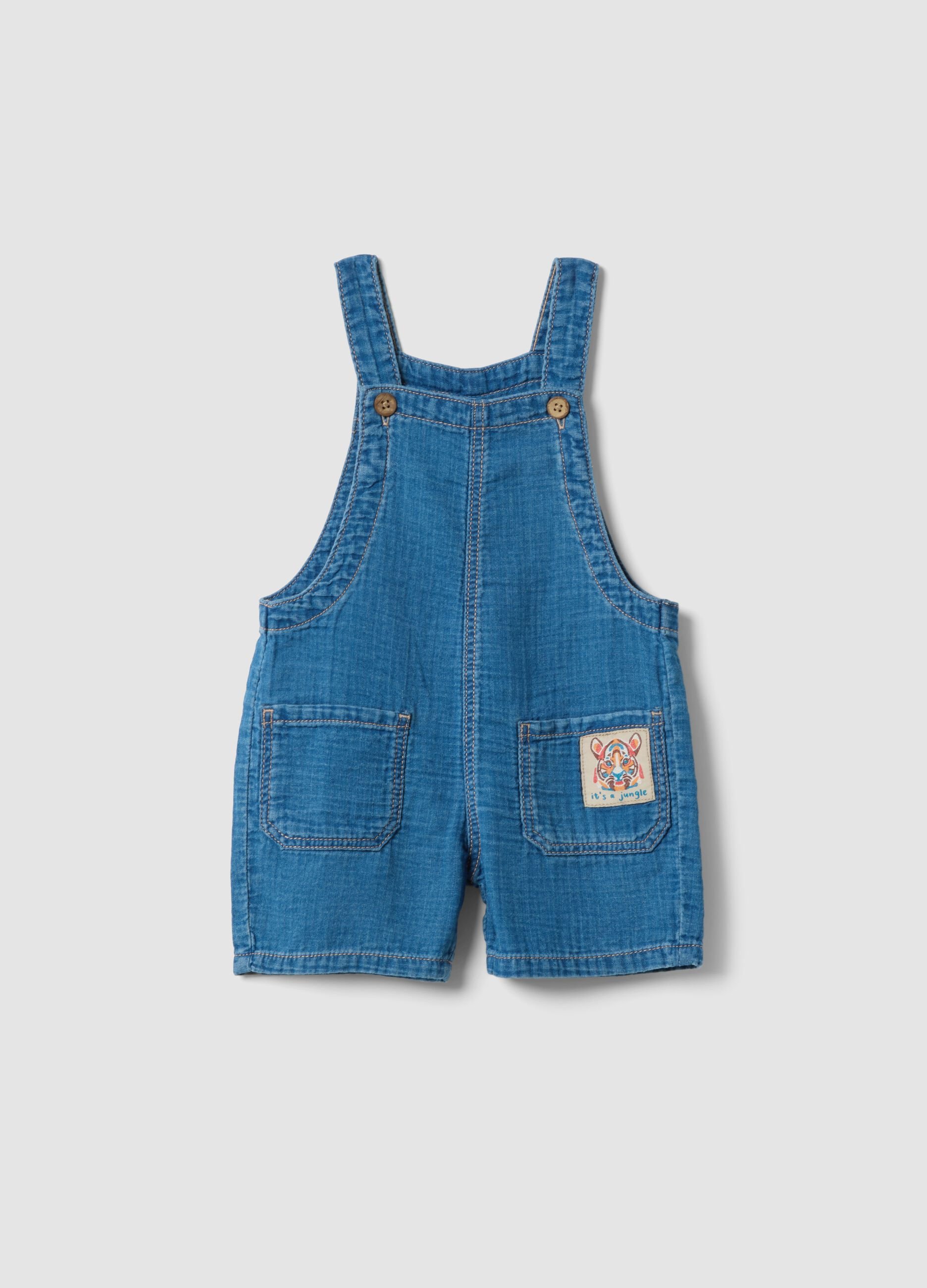 Blue pure cotton short dungarees for baby boy, regular fit