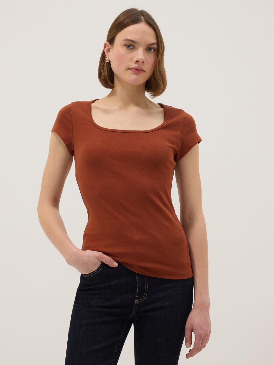 Orange fitted stretch-cotton T-shirt with square neckline_0
