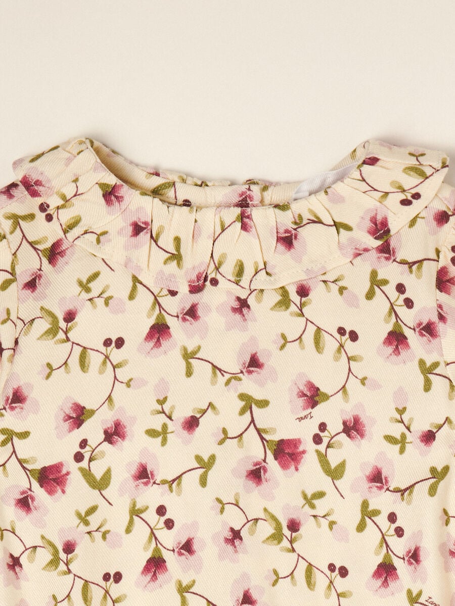 Beige floral pure viscose baby bodysuit with round neck_1