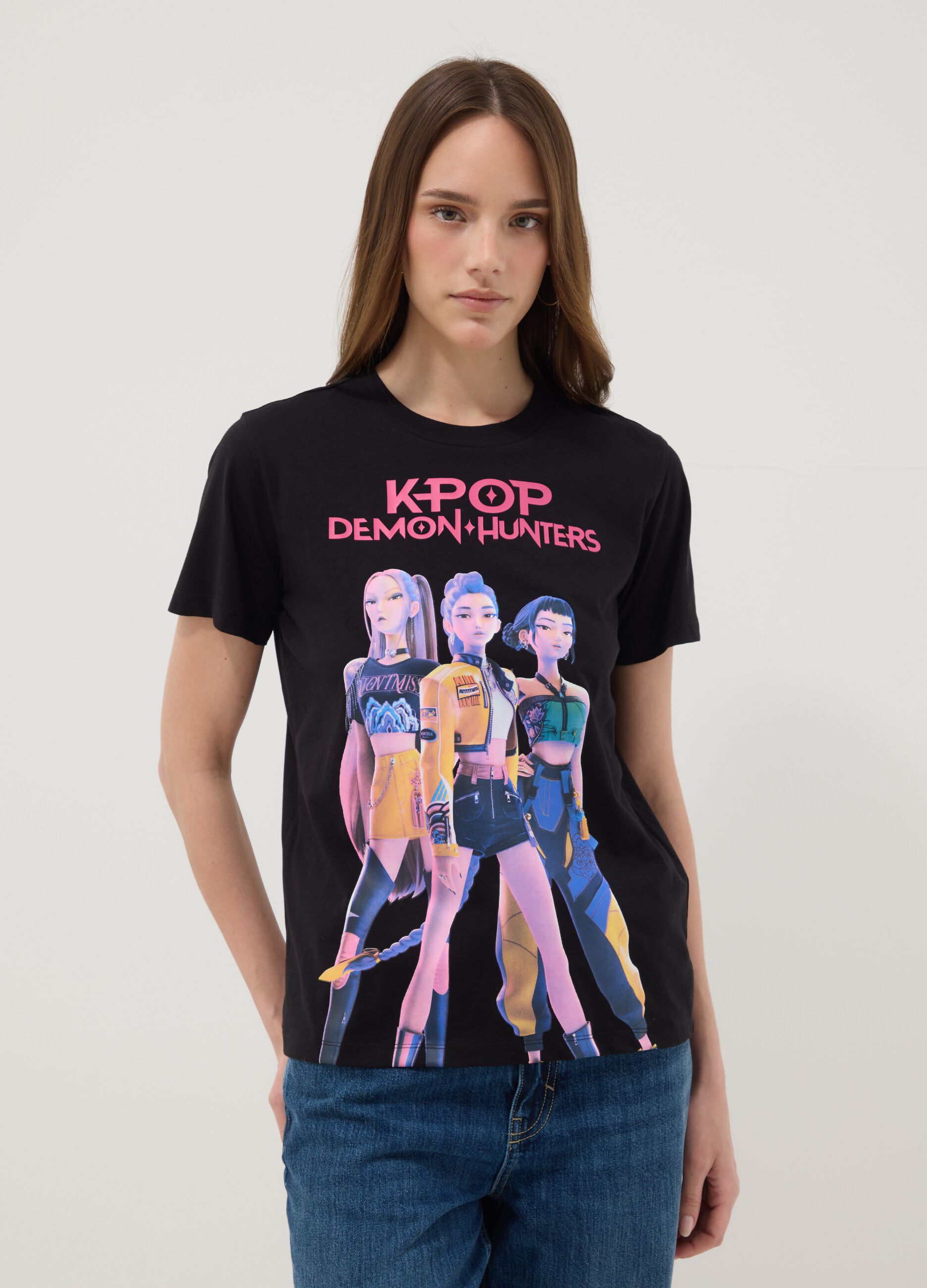 T-shirt in puro cotone nero regular fit con stampa K-Pop Demon Hunters