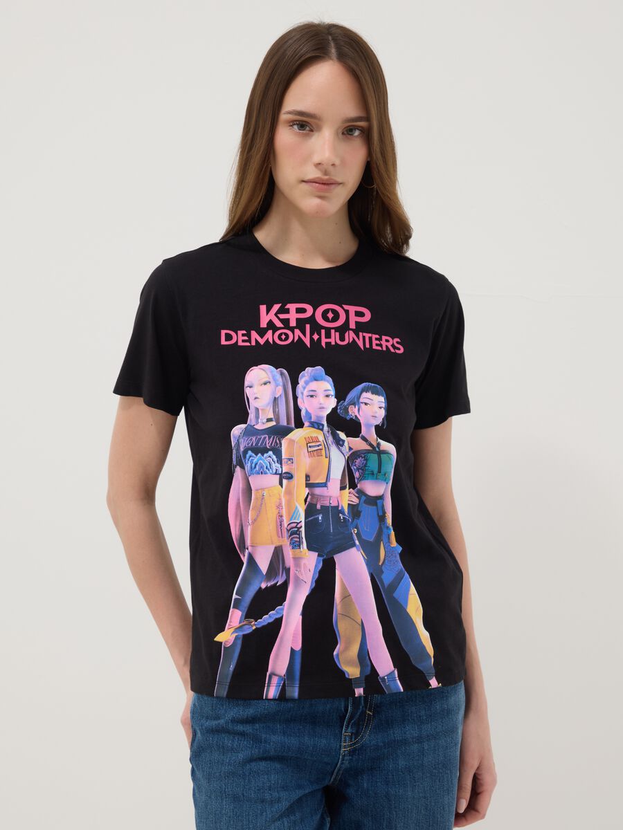 T-shirt in puro cotone nero regular fit con stampa K-Pop Demon Hunters_0