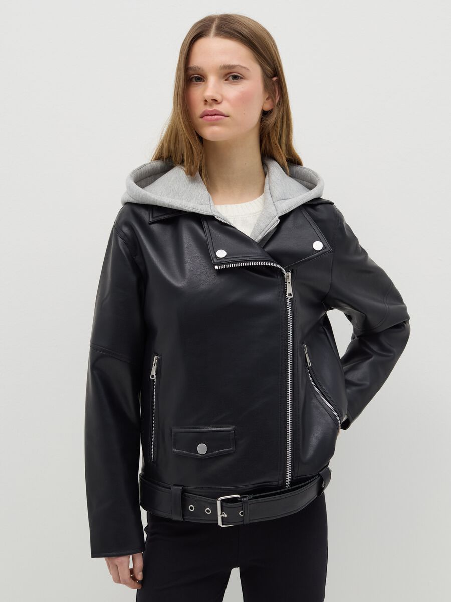 Black biker jacket with internal fleece_0