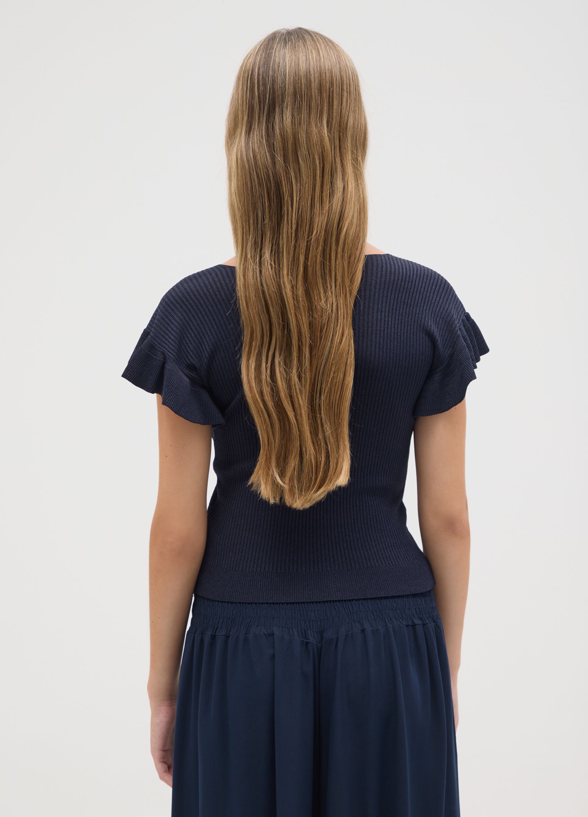 Women's blue viscose T-shirt, regular fit with frills
