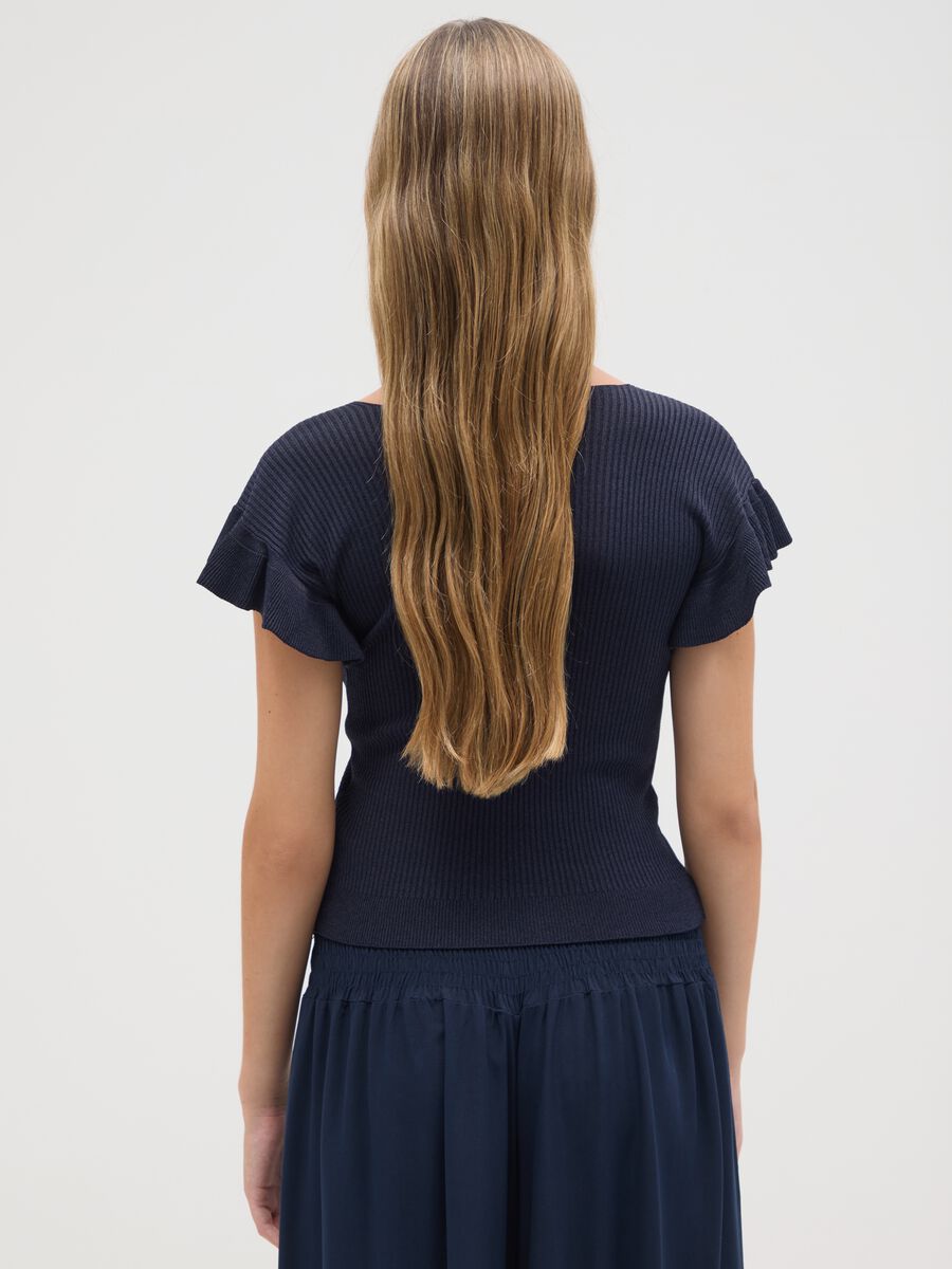 Women's blue viscose T-shirt, regular fit with frills_2