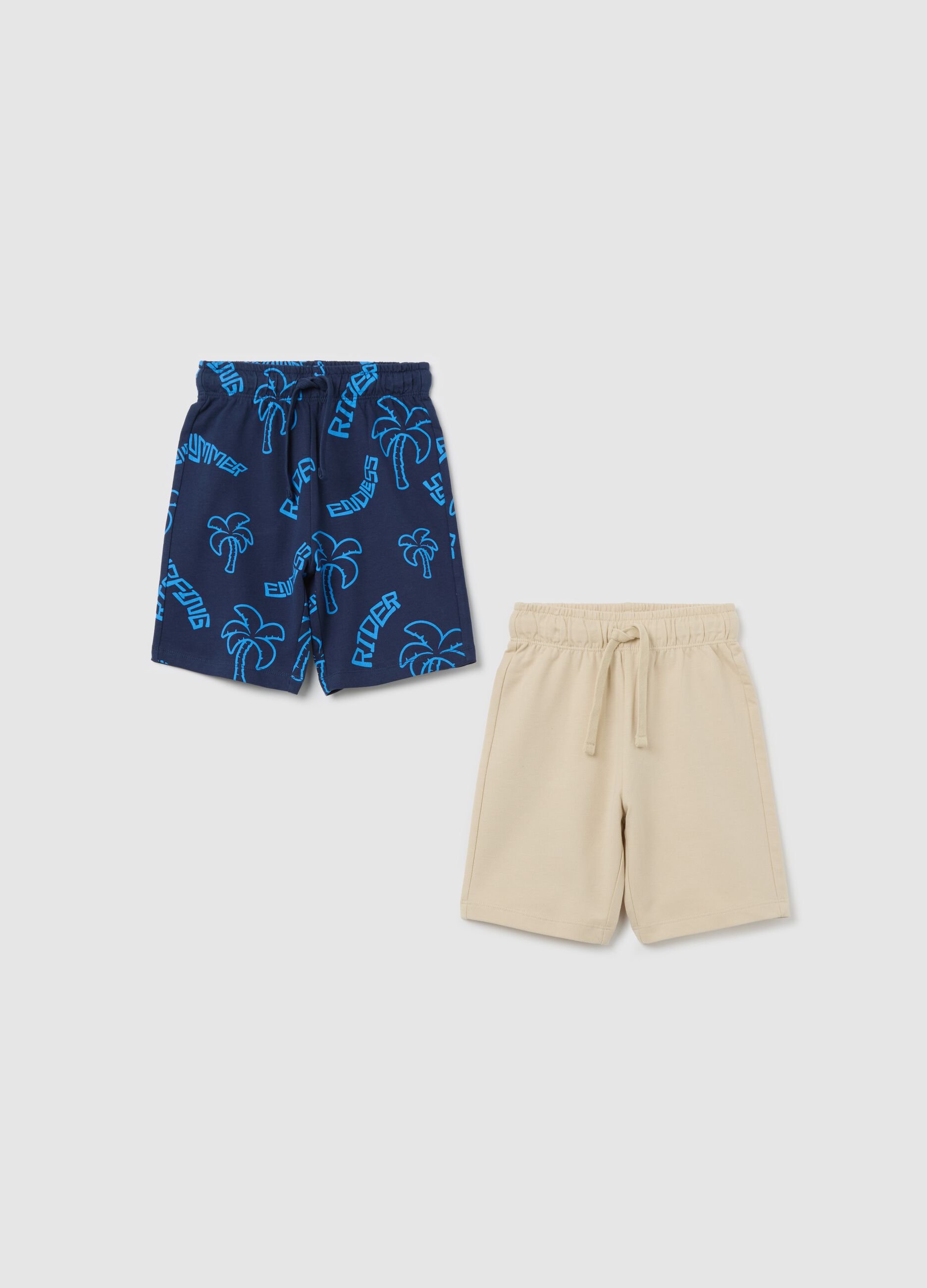Two-pack blue and beige shorts in cotton with drawstring