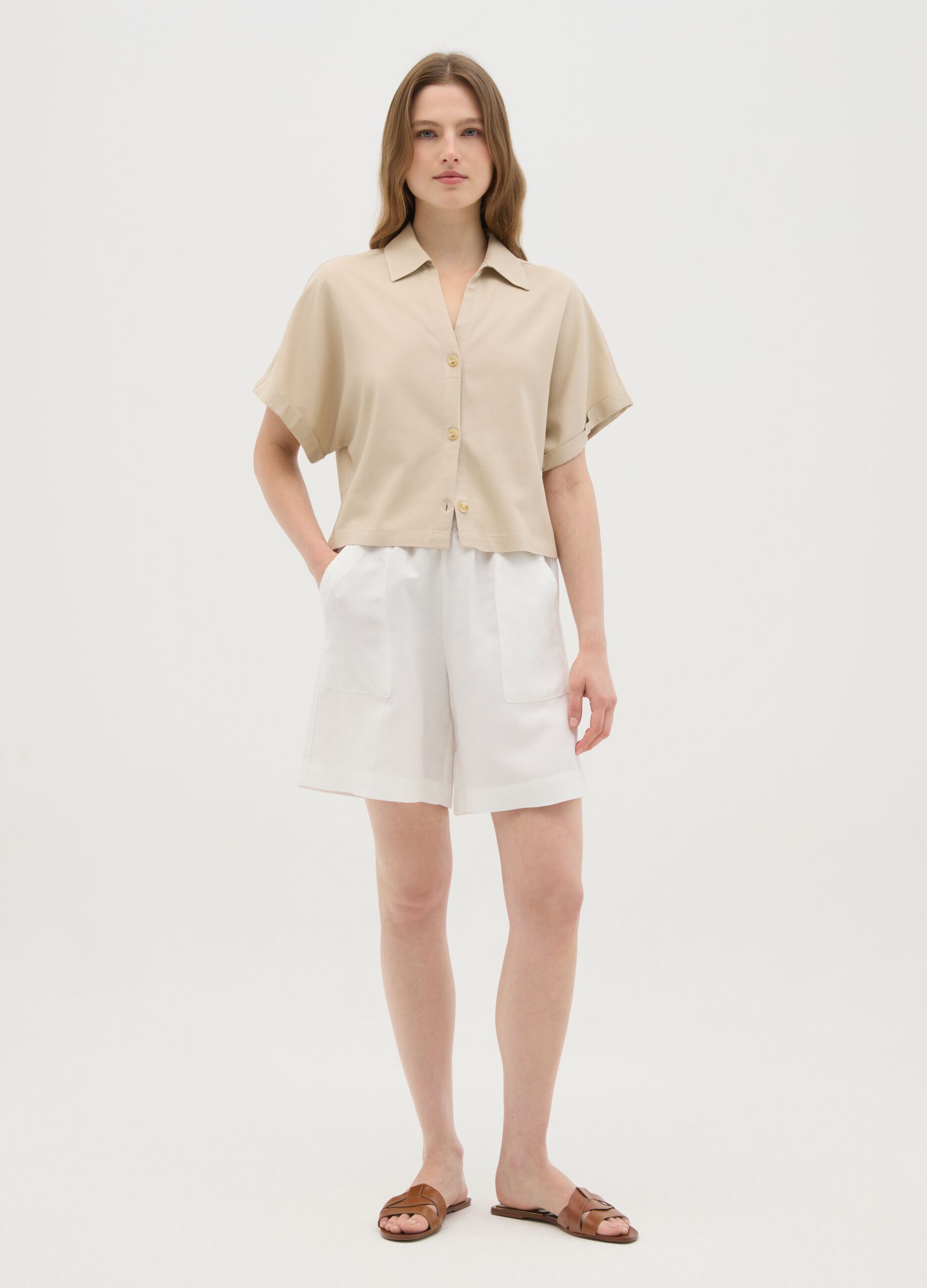 Women's white linen-blend shorts regular fit