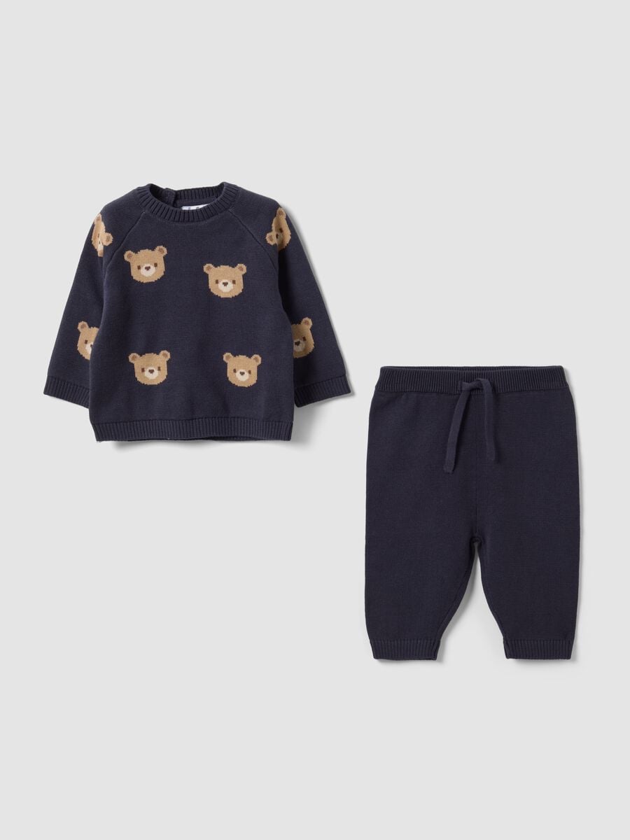 Completo nero in puro cotone con maglia e pantaloni con orsetti per neonato_0