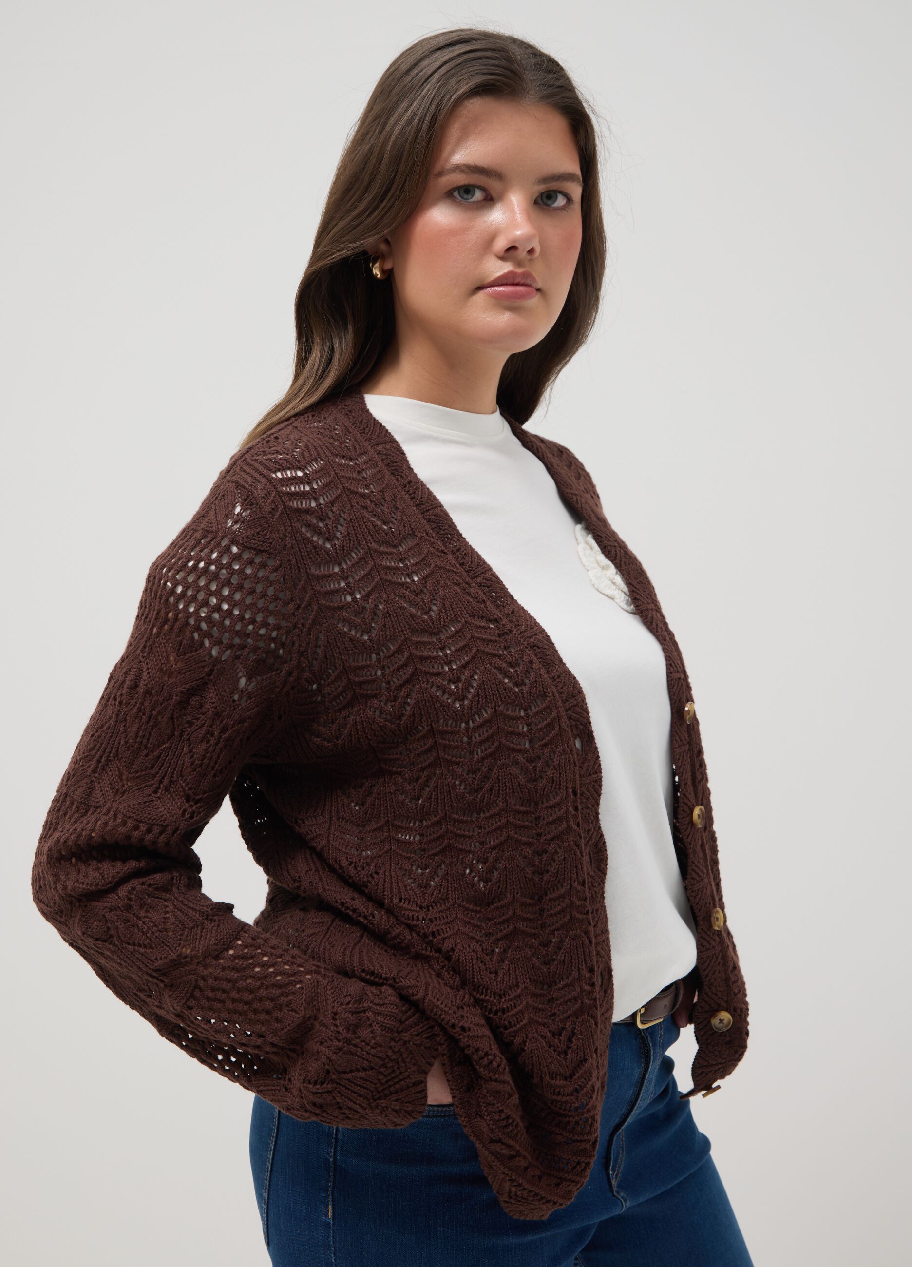 Brown pure cotton cardigan regular fit with lace pattern
