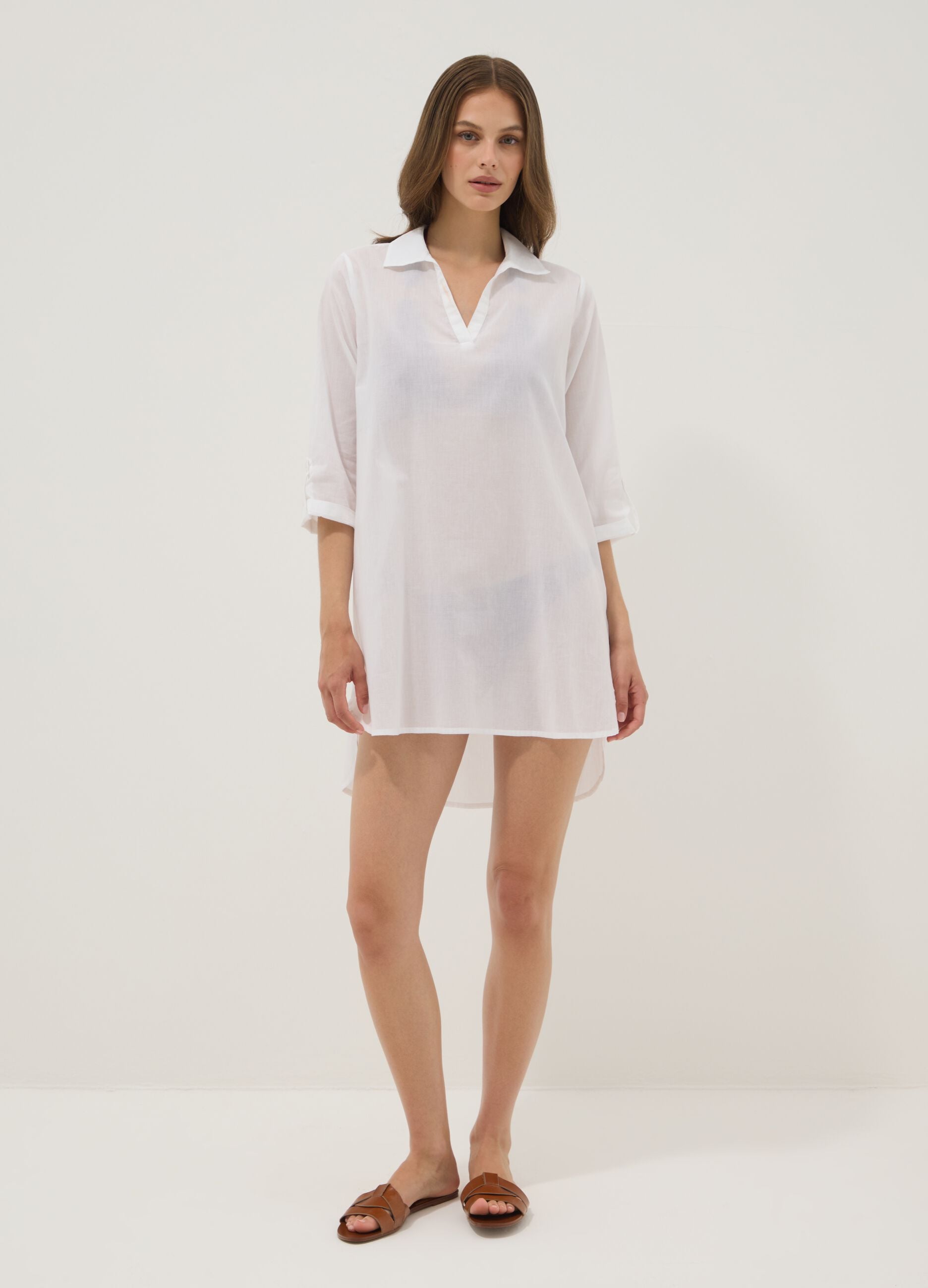 White pure organic cotton kaftan with V-neck