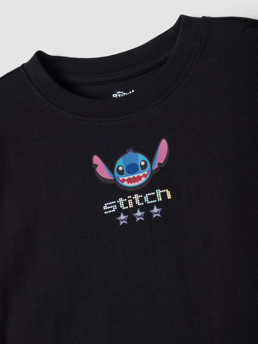 T-shirt nera in puro cotone con collo a costine e stampa Stitch_4
