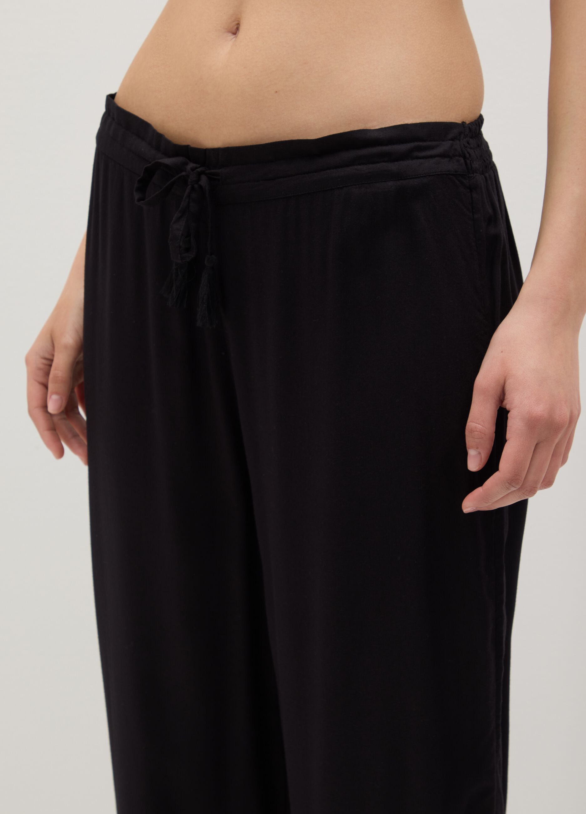 Long black beach cover-up trousers with drawstring