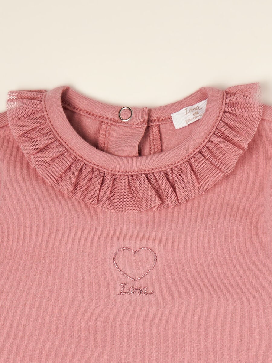 Pink organic stretch cotton bodysuit with ruffled crew neck_1