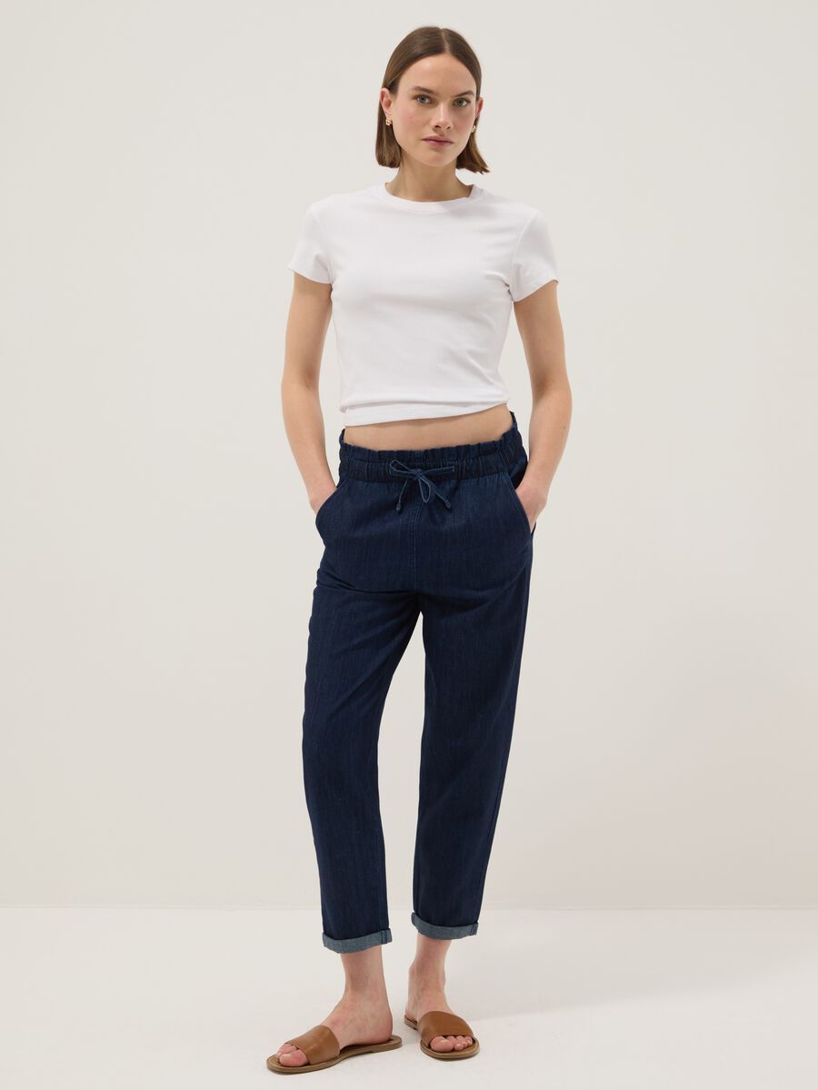 Regular fit blue denim cotton paper bag trousers_0